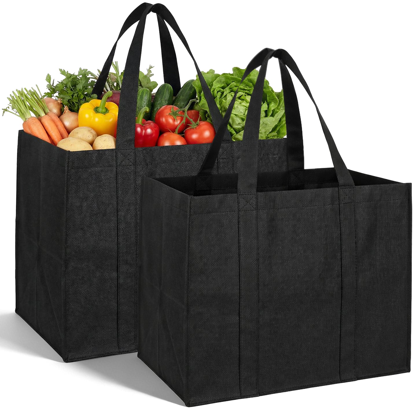 DOPENSPI 2 Pack Black Shopping Bags, Reusable Grocery Bags Foldable Tote Bag with Handles Washable Reinforced Large Shopping Bag for Life Daily Picnic Camping(Black)