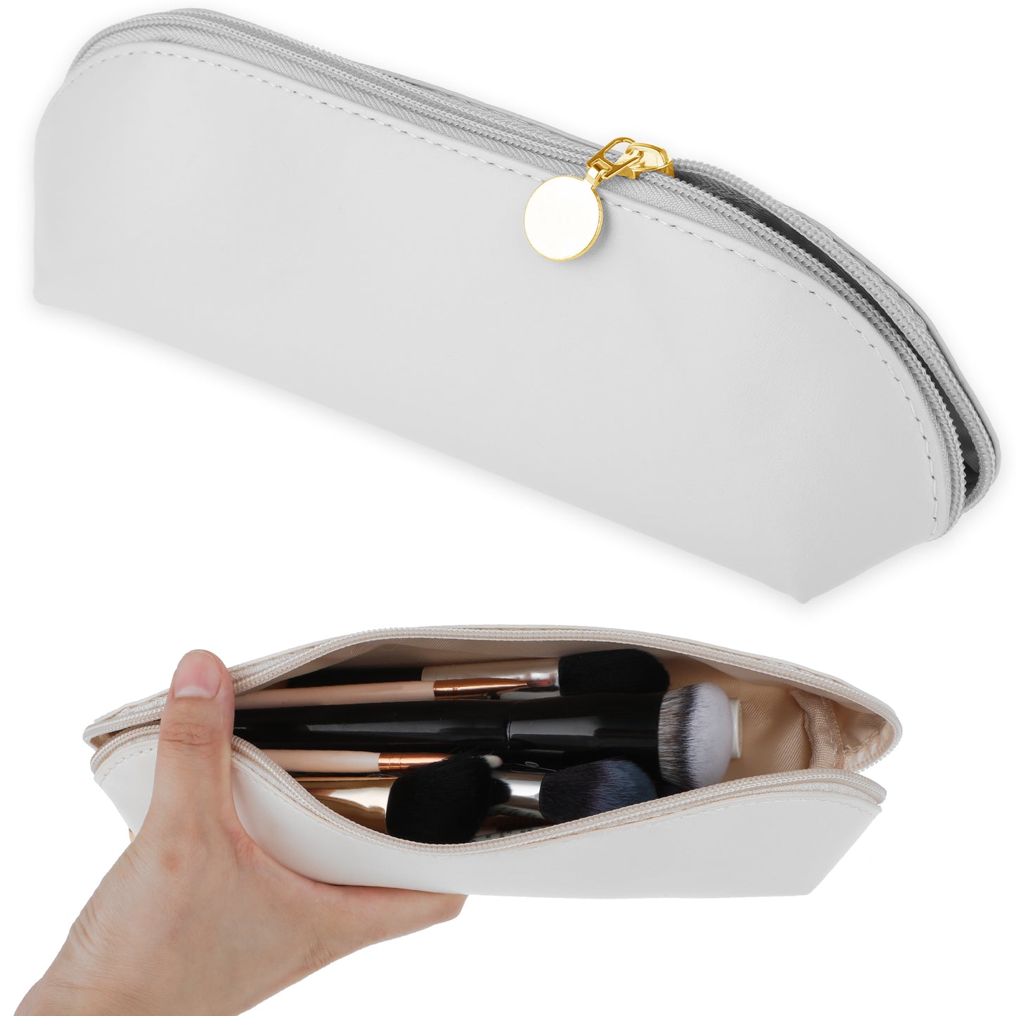 HJZHII Large Travel Makeup Brush Holder, PU Makeup Brush Bag Portable Travel Cosmetic Brush Pouch with Zipper Anti-Fall Out Makeup Tools Organizer for Travel Outdoor Bags Marker Change Coins (White)