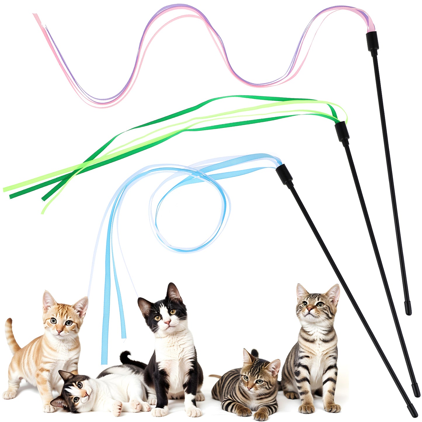 HJZHII 3pcs Cat Wand Toy, Interactive Cat Rainbow Wand Toy Colorful Cat String Teaser Wand with 60cm Rainbow Ribbon String Pet Ribbon for Kitten Training Exerciser Indoor Kitten Catcher