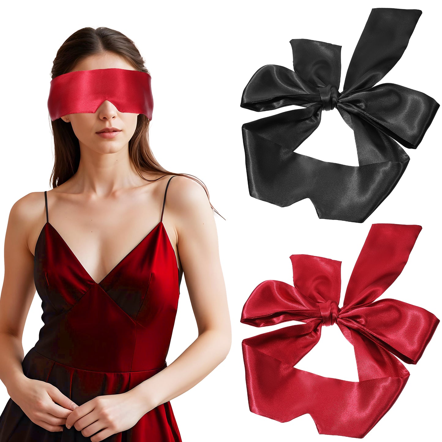 IANFAN 2 Pcs Blindfold and Hand Ties for Bedroom, Blockout Satin Sleep Mask Adjustable Eye Masks for Sleeping Comfortable Silk Satin Blindfold for Adults Couples Nap Yoga Travel(145cm/57inch)