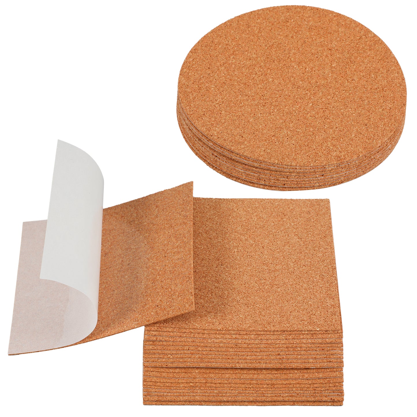 XLIUAX 30 Pack Self-Adhesive Cork Sheets, 4x4 Inch Square and Round Cork Coasters Mini Wall Corks Board Tiles with Strong Adhesive Backing for Thin Drink Coasters DIY Craft Supplies