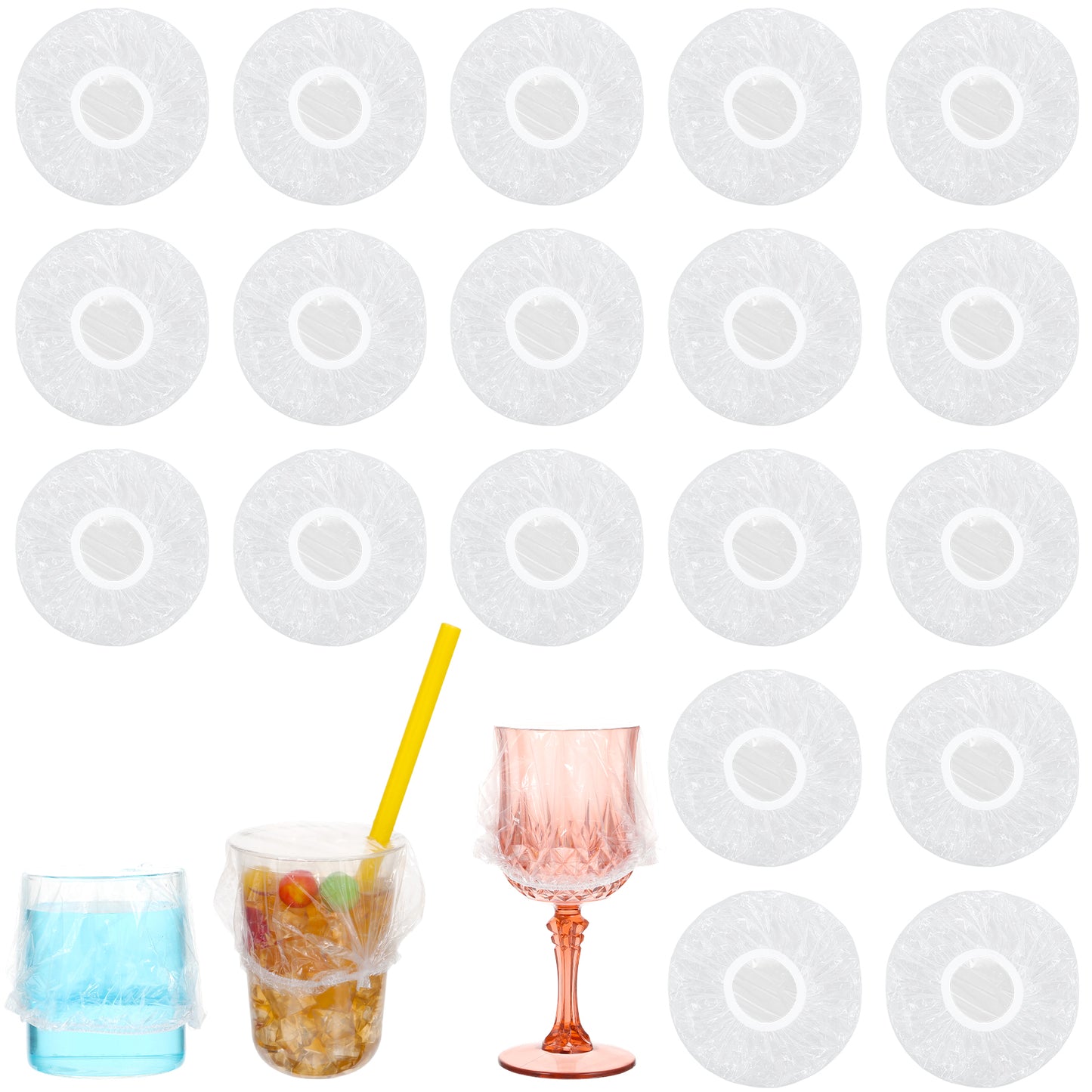 DOPENSPI 100PCS Drink Covers For Alcohol Protection Women Scrunchie, Disposable Scrunchie Drink Covers Bulk Clear Plastic Cover Cup Cover For Drinks Protection for Bar Club Christmas Beverage