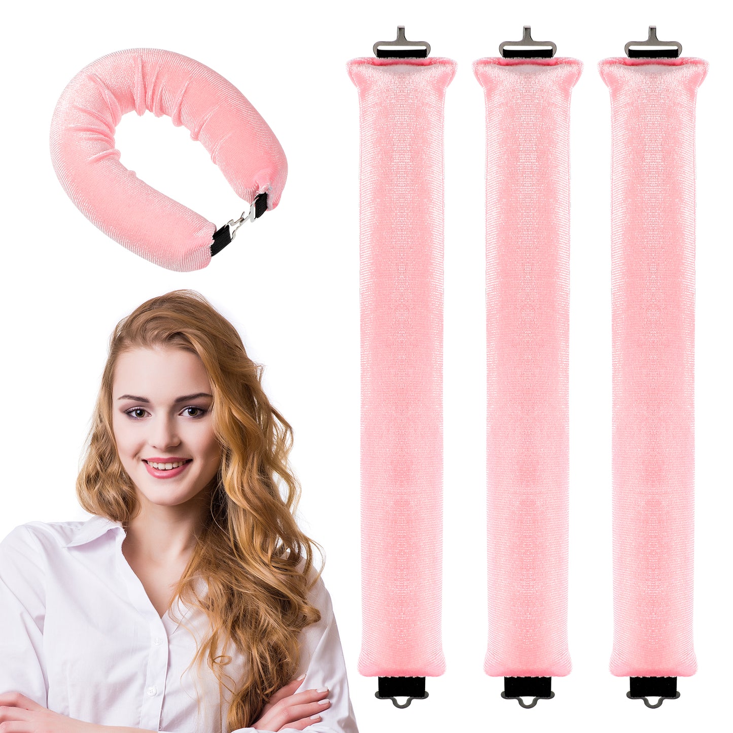 JIEYAO 3 Pcs Heatless Hair Curler, Overnight Blowout Rods Headband Foam Hair Rollers for All Hair Types Flexible Rods with Hook No Heat Curls for Long Hair Women's Hair Styling Tools(pink)
