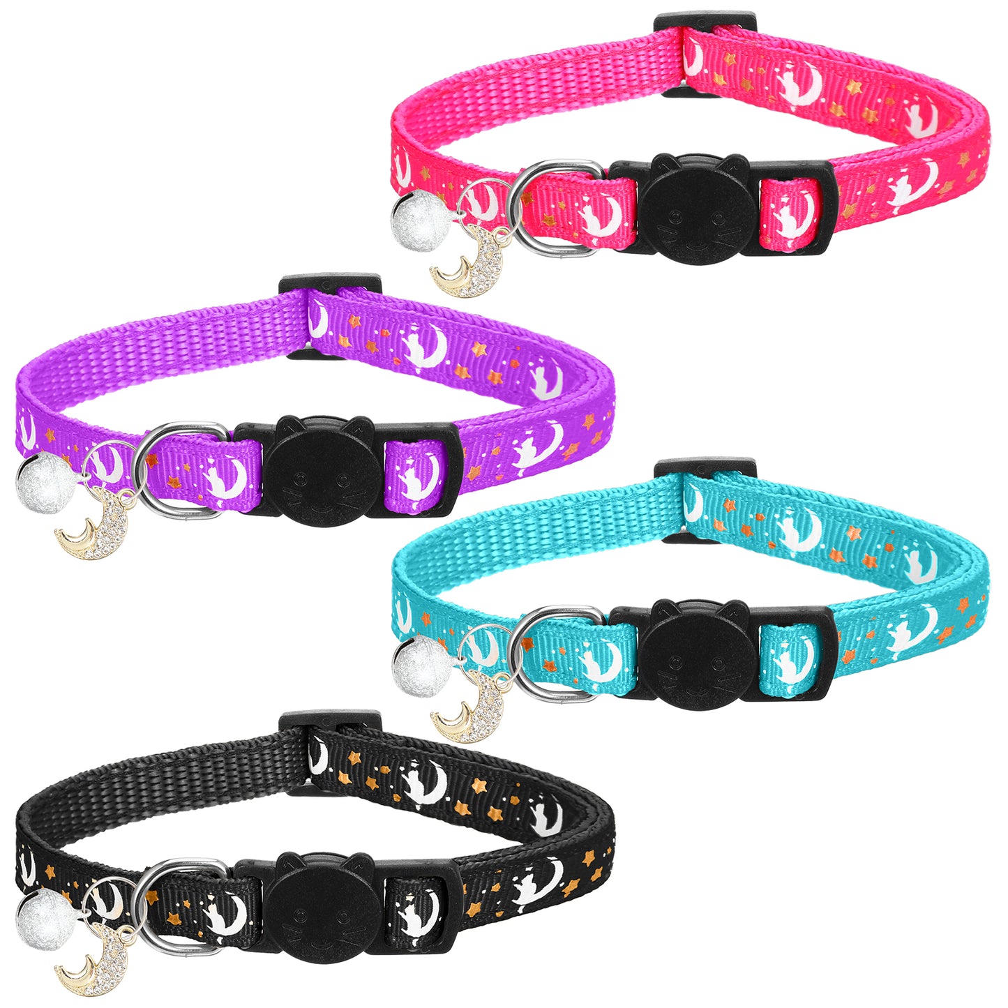 DOPENSPI 4 Pc Cat Collar, Halloween Adjustable Cat Collar with Bell Reflective Strip Moon and Stars design for Kitten Cats
