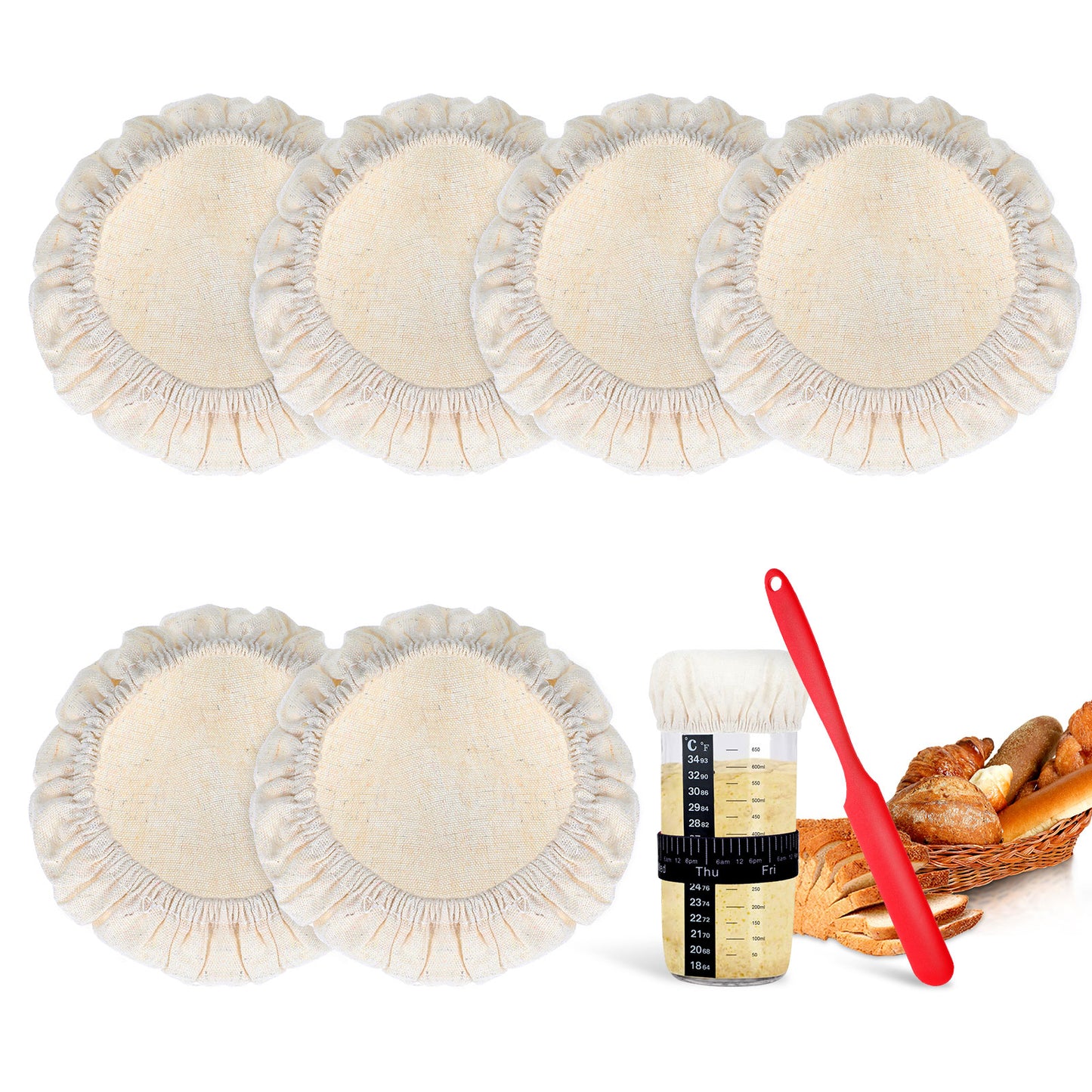 AOZUO 6pcs Sourdough Jar Cover, Elastic Starter Jar Cloth Covers Reusable Breathable Fabric Caps Bowl Cover Dough Basket Cover for 3-4 Inch Jar Mouth Mason Jar Covers Bread Baking Supplies
