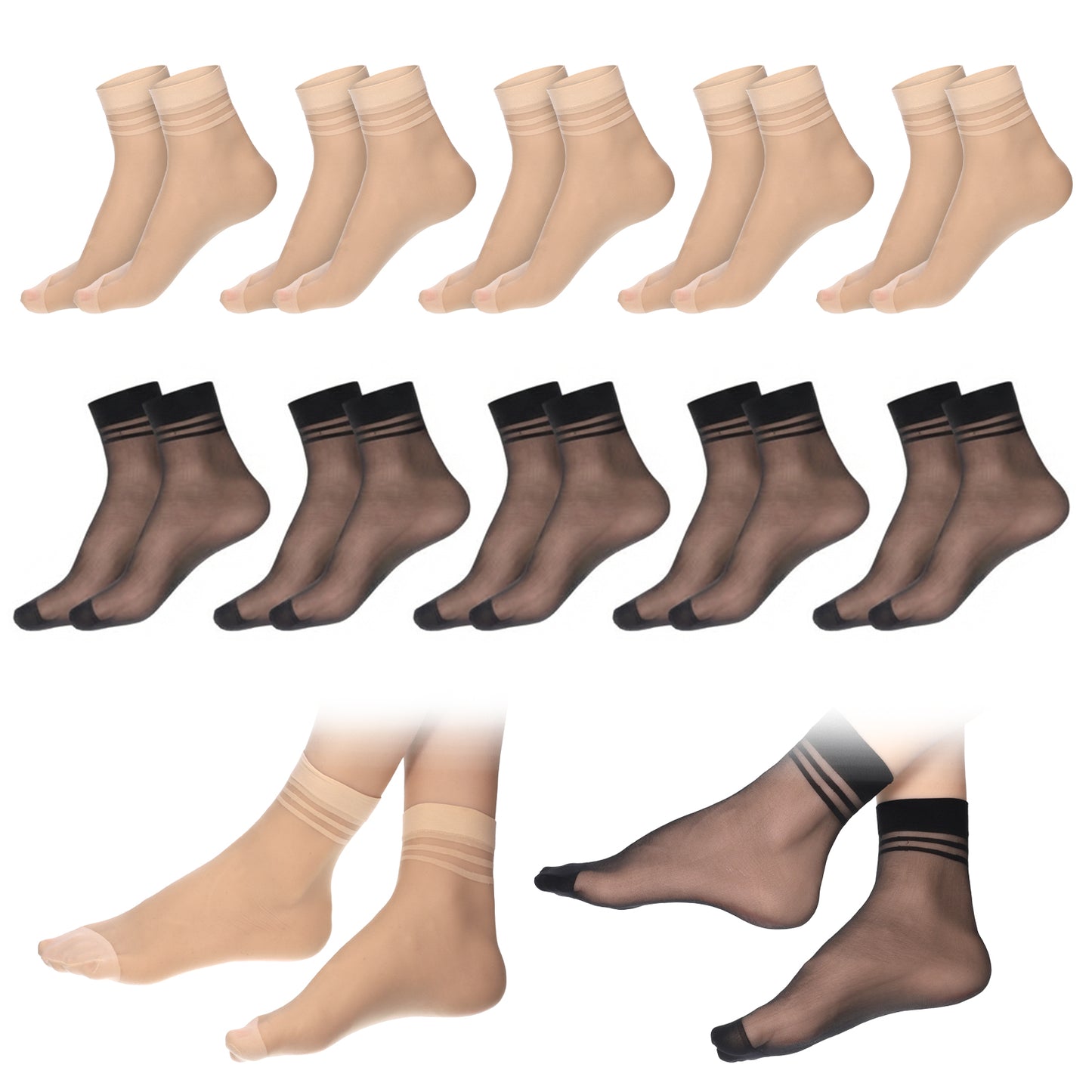 DOPENSPI 10 Pairs Women's Sheer Socks, Ankle Summer Breathable Nylon Socks Thin Soft Reinforced Toe, Nude+Black