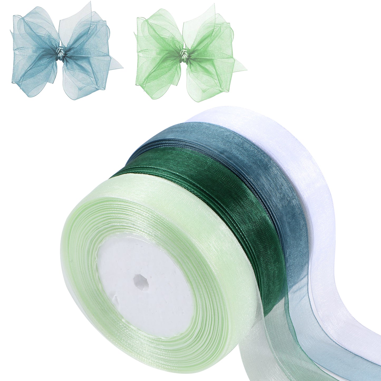TIESOME 4 Rolls Organza Ribbon, 3/4 Inch 50Yard Chiffon Ribbon Mesh Fabric Ribbon for Crafts, Flower Bouquet, Wedding, Ornaments(White/Water Green/Dark Green/Gray Green)