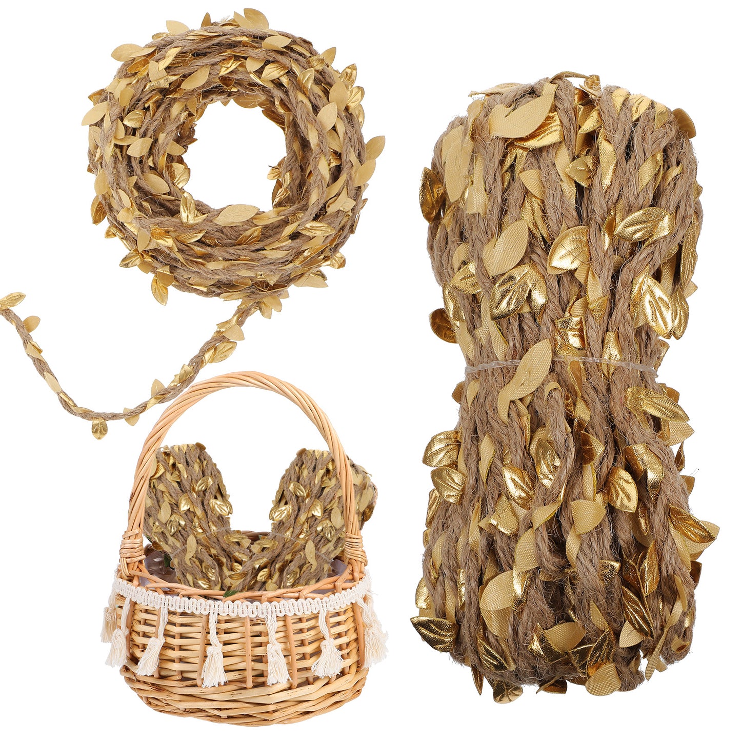 DOPENSPI 66 Feet Natural Jute Twine Ribbon with Artificial Vine Gold Leaves, Burlap Leaf Ribbon Hemprope Jungle Vines Twine for Crafts Jungle Safari Party Baby Shower Wedding Home Decor Decoration