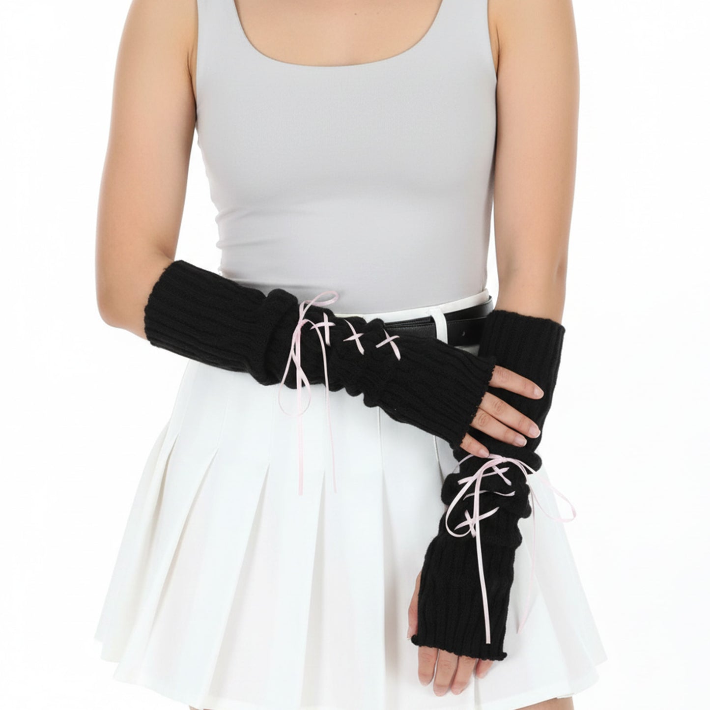 XLIUAX Cute Knitted Arm Warmers for Women, Lace Up Bow Fingerless Gloves Japanese Style Long Fingerless Gloves Stretchy Cold Weather Arm Covers with Thumb Hole Lotila Accessories(Black)