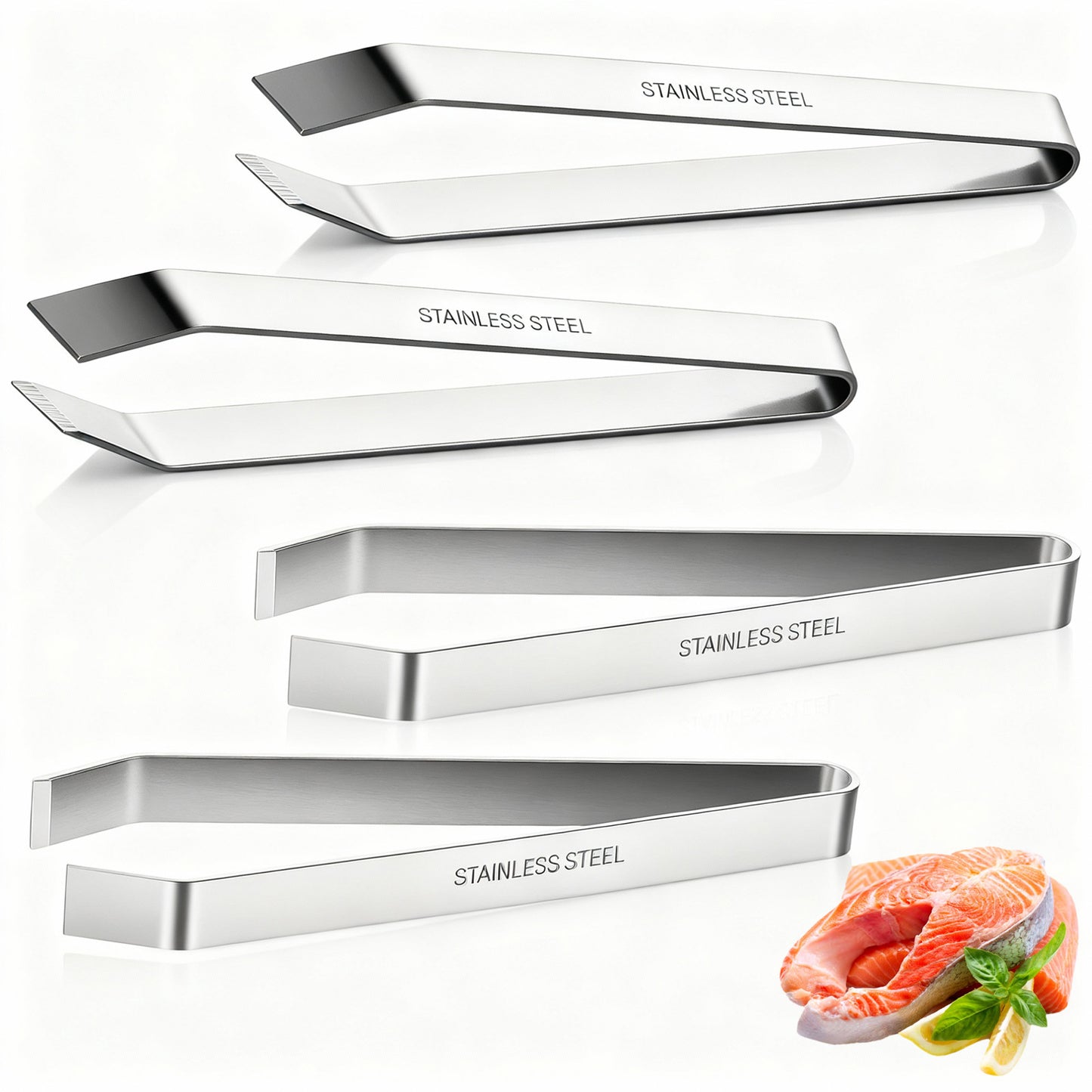 LXUEJIE 4Pcs Fish Bone Tweezers Set, Professional Stainless Steel Flat and Slant Pliers Remover Set Fish Scale Remover 2 Styles Fish Bone Tweezers for Cooking Kitchen Salmon Trout