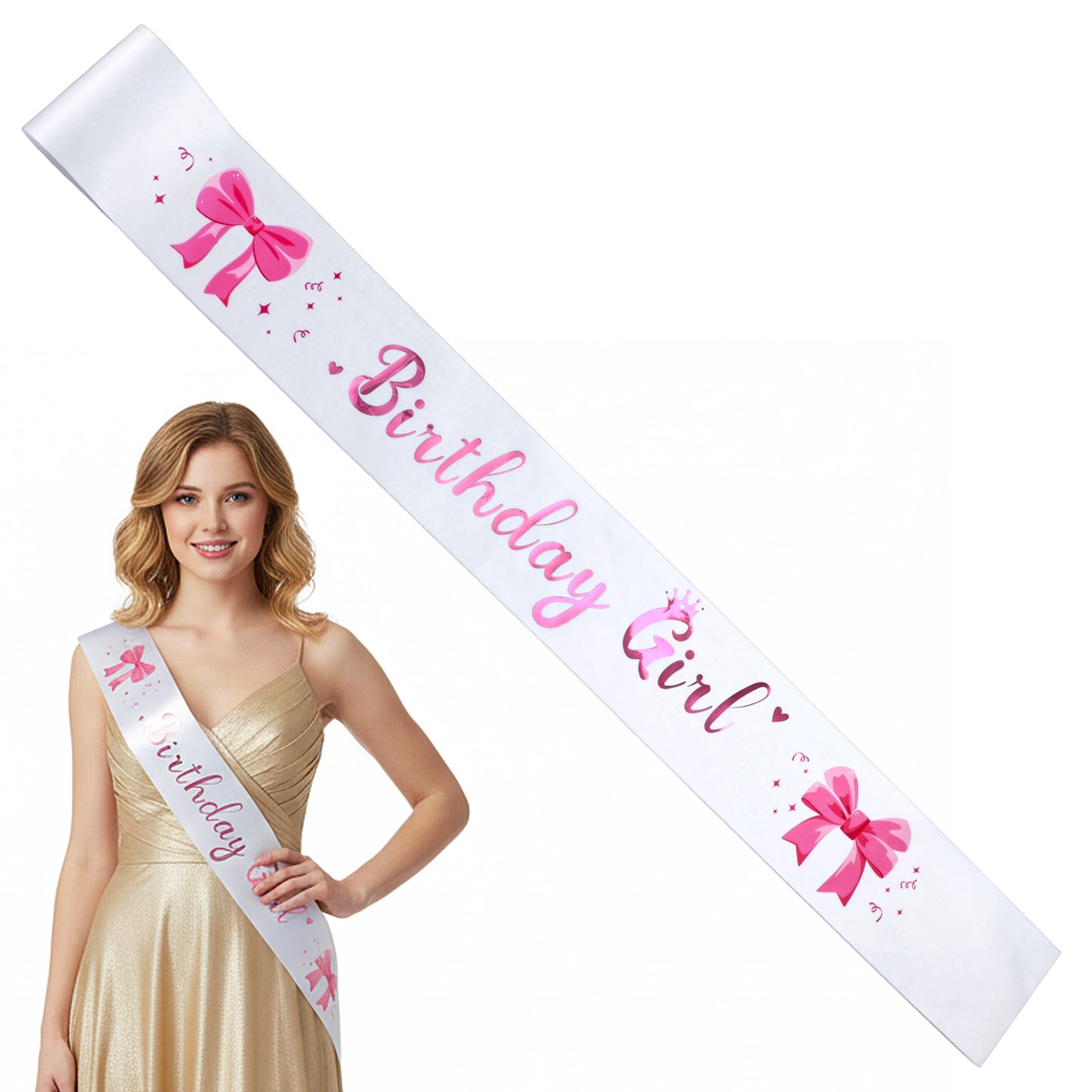 LXUEJIE Birthday Sash Pink, 1 Pc Satin Cowgirl Birthday Girl Sash For Women & Girls, Sweet Princess Queen Party Decoration Accessory, 31.89×3.66in (Hot Pink & White)