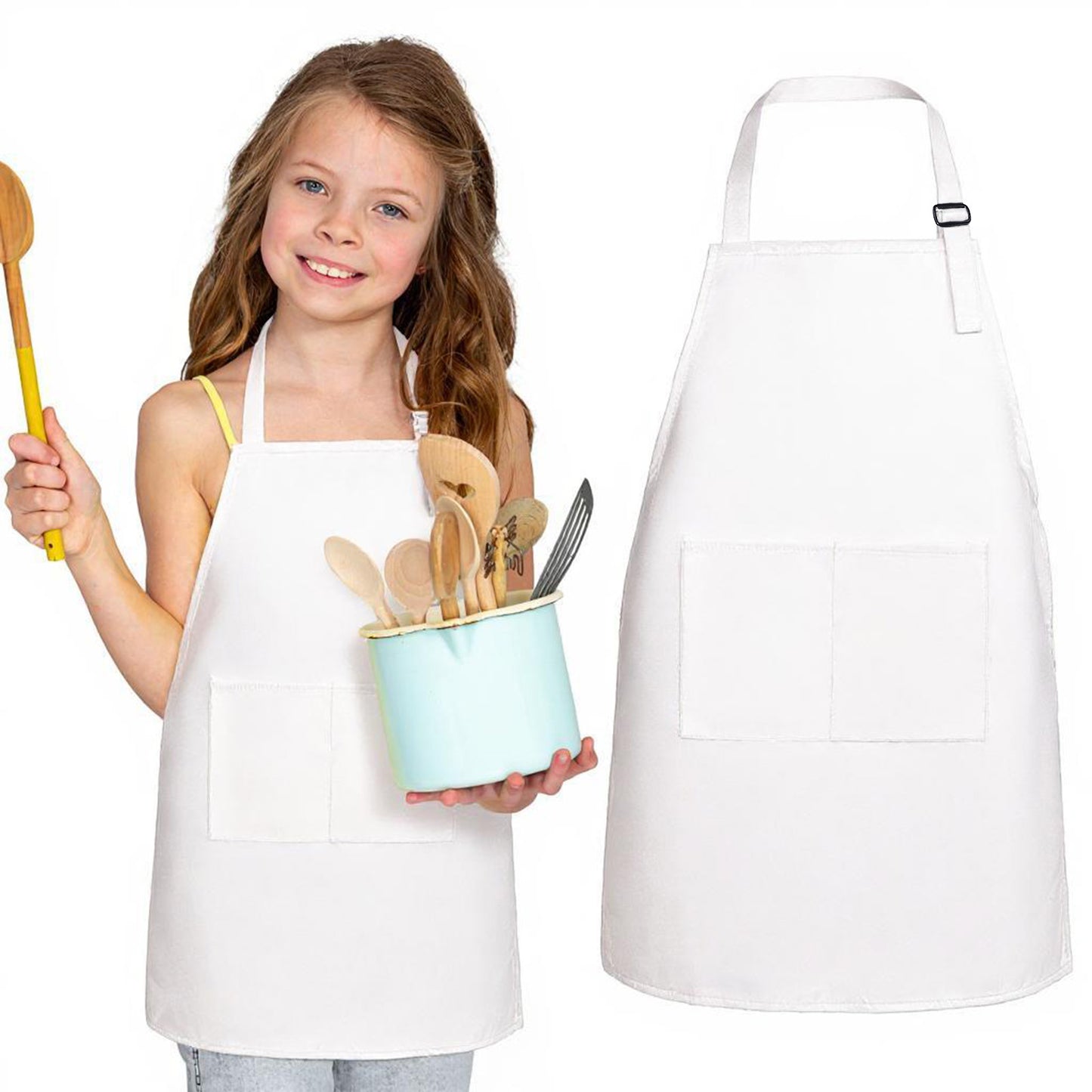TIESOME 2 PCS Kids Cooking Art Apron Set, Adjustable Apron Waterproof Painting Smock with Pockets for DIY Baking Craft Activities (23.6x17.7 in) (white)