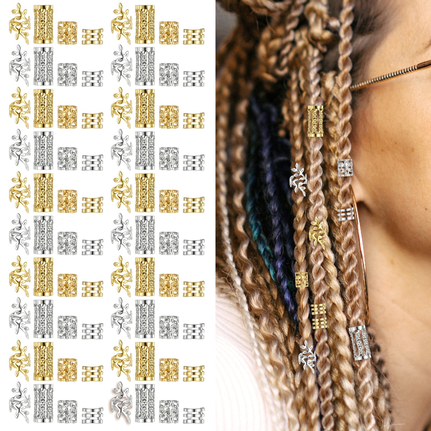 SULIKJHUI 160 Pcs Dreadlock Beads, Hair Beads for Braids & Hair Cuffs, Gold Silver Adjustable Braid Accessories for Women & Men, Locs Jewelry Decorations