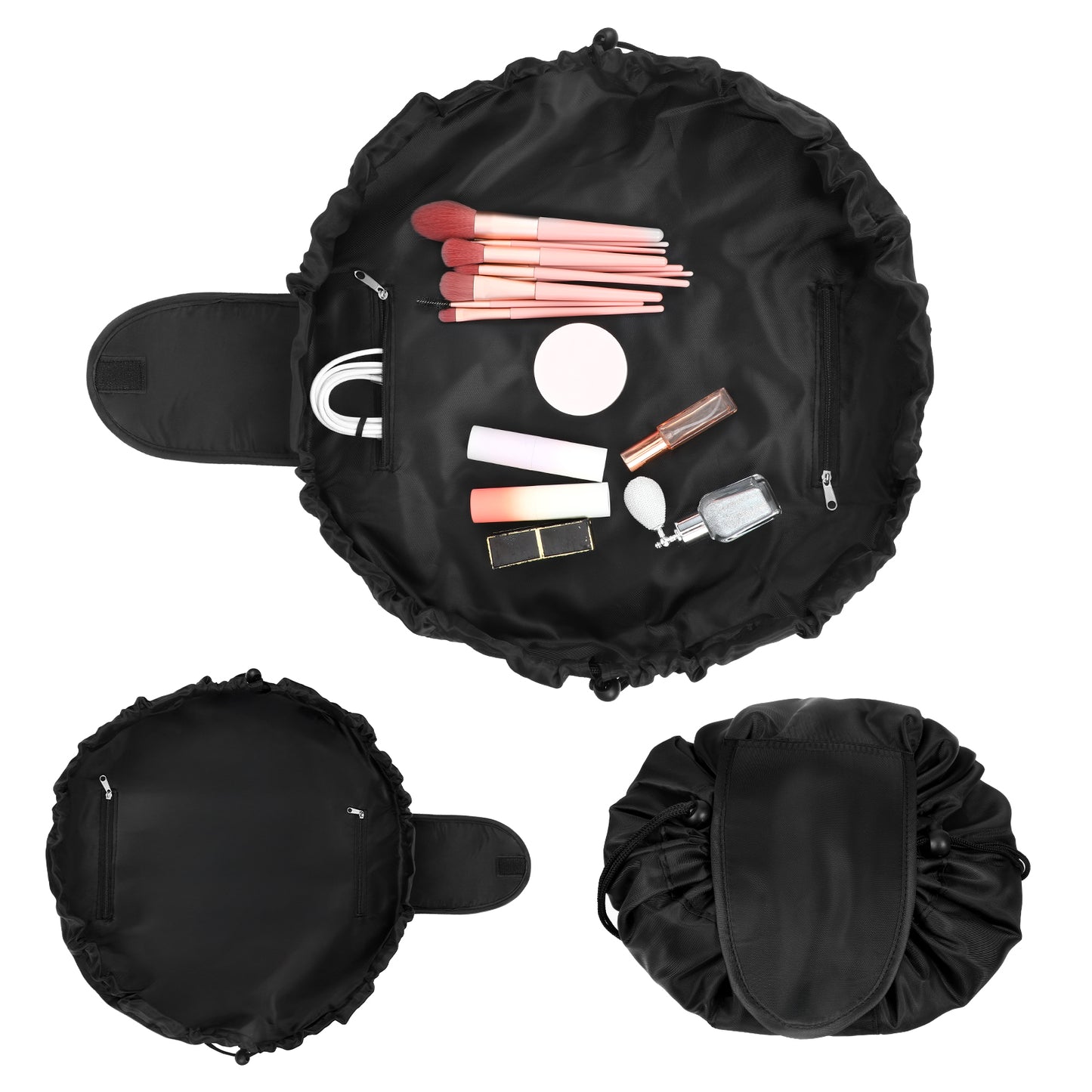 XLIUAX Drawstring Makeup Bag, Lay Flat Makeup Bag Travel Cosmetic Bags Make Up Pouch Women Toiletry Organizer for Women Large Capacity Organizer for Traveling Accessories Black Make Up Pouches