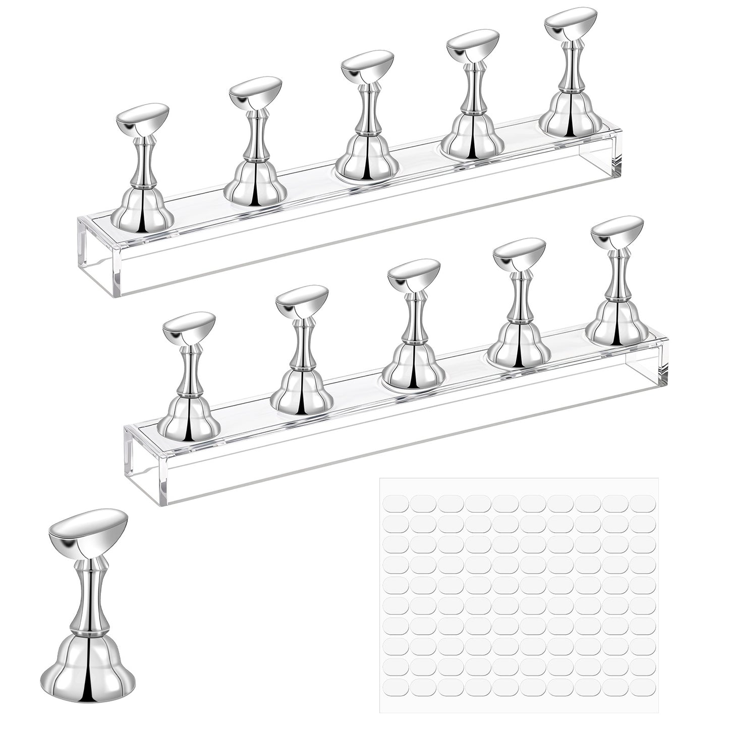 LXUEJIE Acrylic Nail Display Stand, 2 Set Magnetic Nail Tips Practice Holder Nail Crystal Holder for Nail Art with Reusable Adhesive Putty Nail Stand for Press On Nails DIY Painting(Silver)