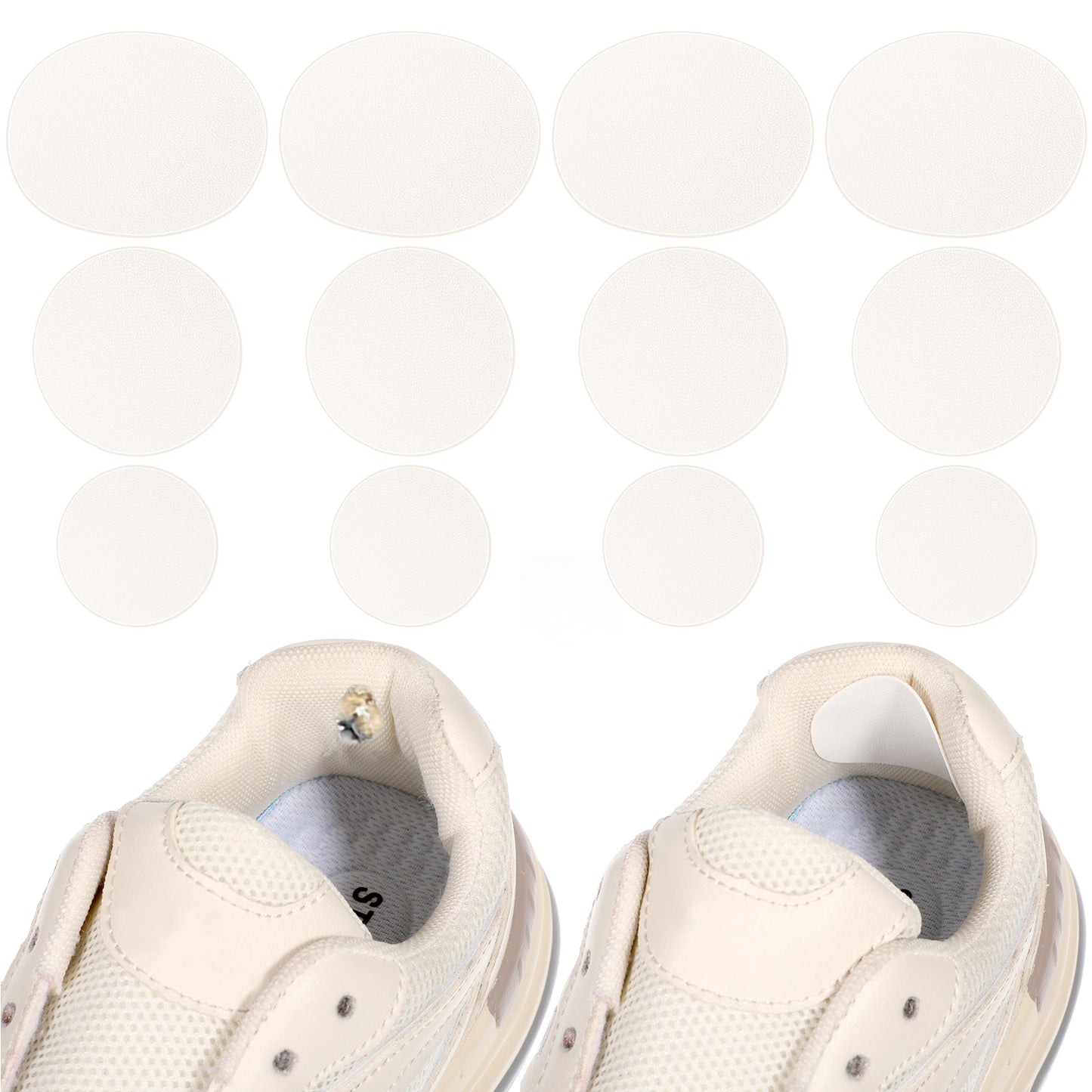 TIESOME Shoe Heel Repair Inserts, 6 Pairs 3 Types Self-Adhesive Spliced Sewn Patch Shoes Hole Shoe Patches Kit Circle Shape Shoe Heel Protector Hole Prevention Patch for Sneaker Leather Shoes(White)