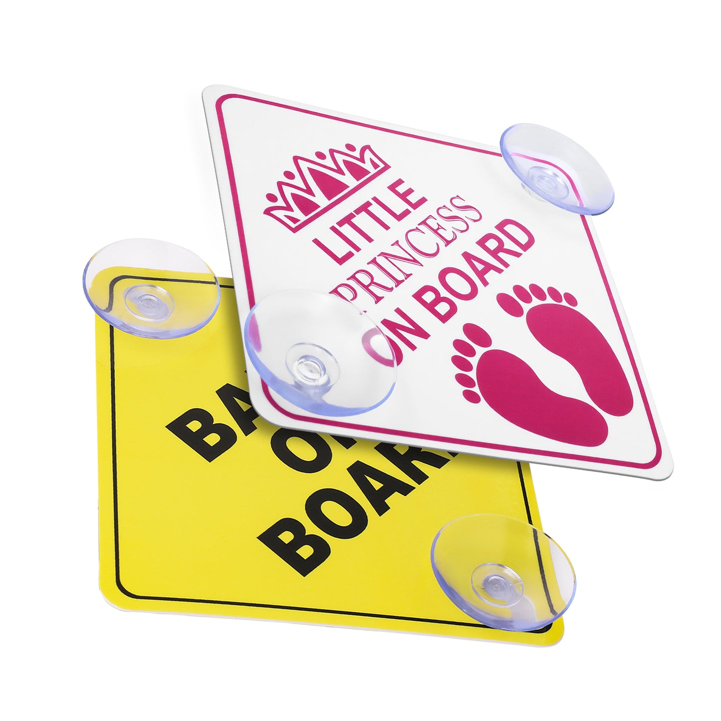 XLIUAX 2 Pcs Safety Car Warning Signs, Baby on Board Little Princess on Board Car Sticker Decal with Double Suction Cups for Window Cling, 5" x 5"(Yellow, Pink)