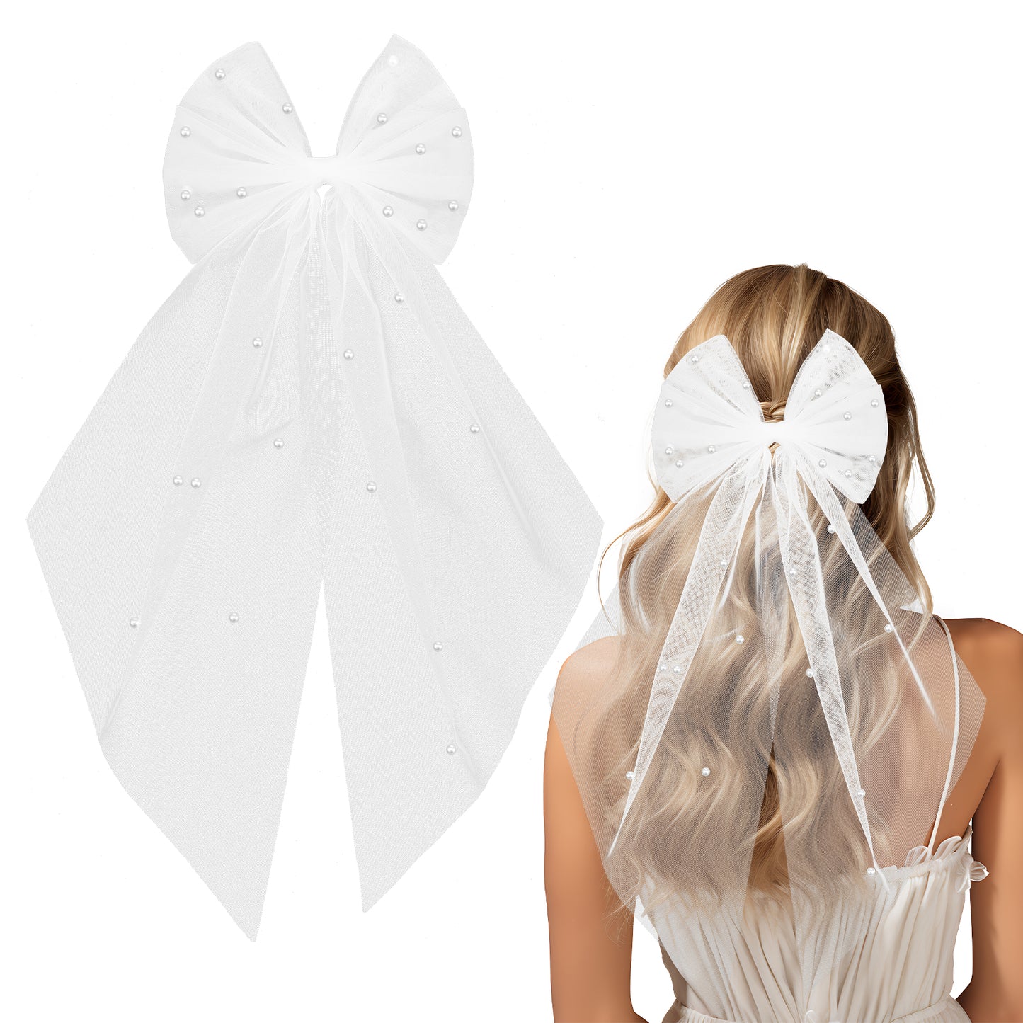 GEEHUA Bridal Hair Bow Veil, Elegant Wedding Veil Bridal Hair Clip with Pearl Bow Veils Pins Barrette Wedding Accessories for Women Girls Bridesmaid Favor Bachelorette Party Decorations