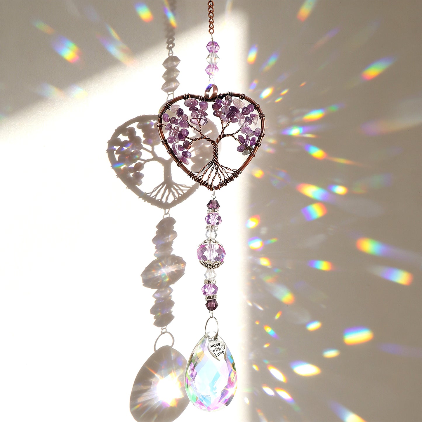Molain Tree of Life Crystal Suncatcher, Hanging Purple Sun Catcher for Windows Elegant Purple Sun Catcher Crystals Ornament Heart Shaped Crystal Ball Prism Drop Pendant for Garden Decor Crystal Gifts