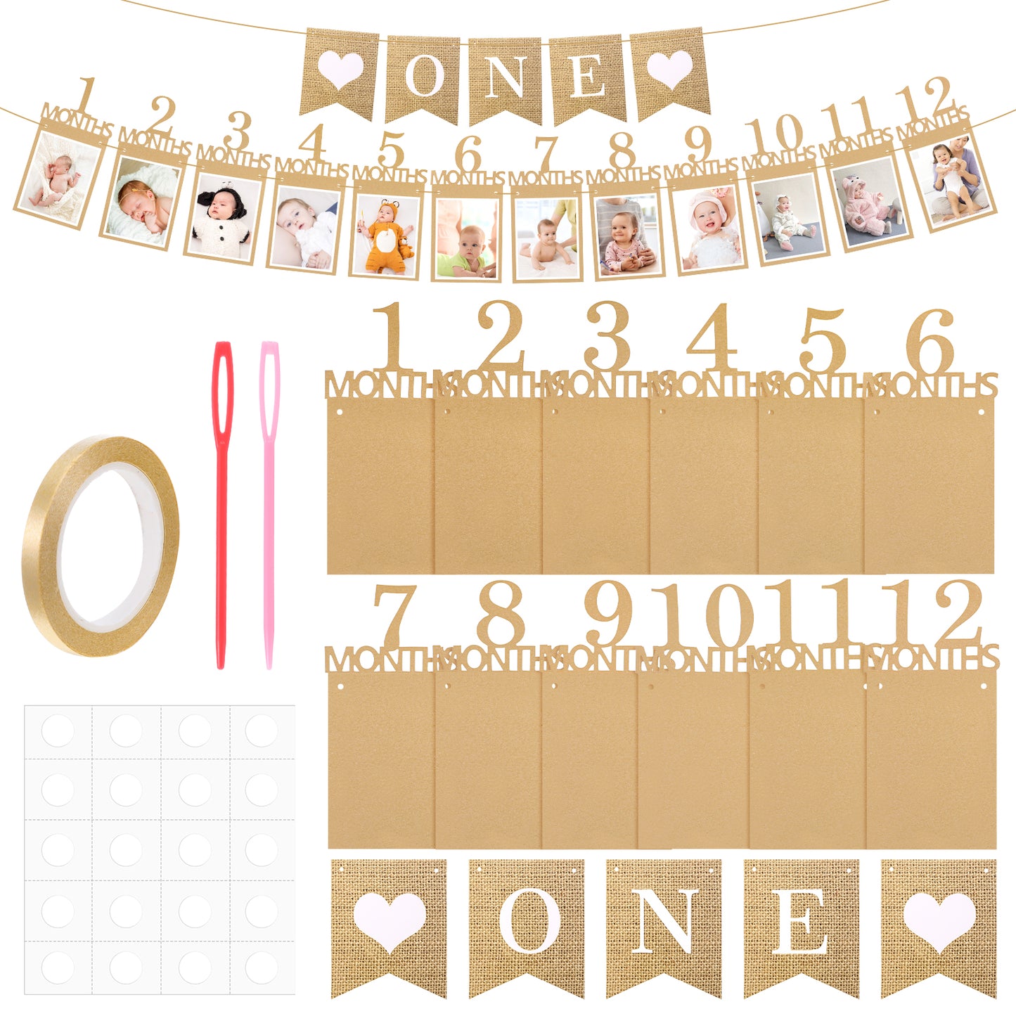 JIYIN 1st Birthday Baby Photo Banner, Newborn to 12 Months Milestone Photograph Prop Garland Decor With Kraft Paper Frames, First Birthday Celebration Backdrop Decorations