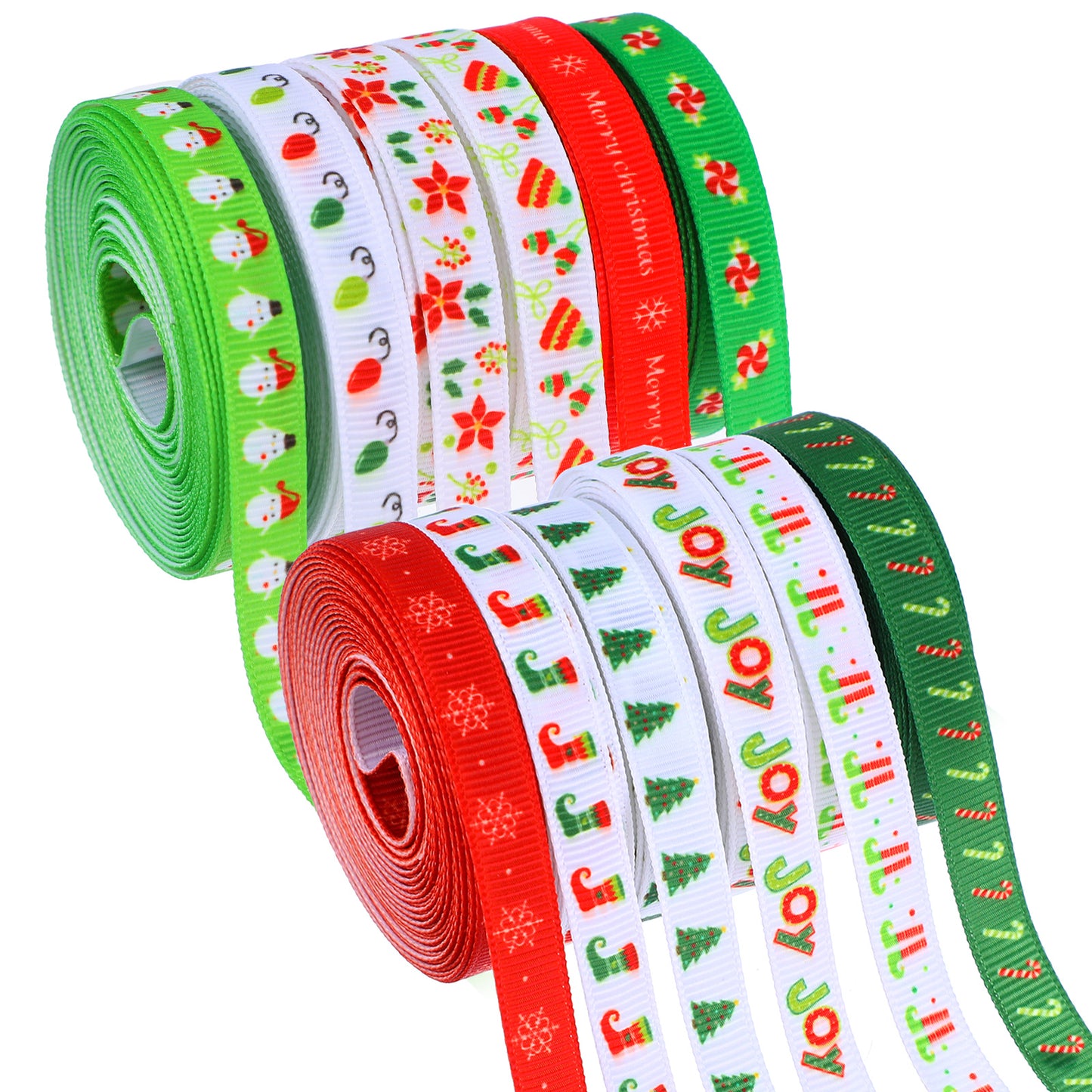 Amabro 12 Rolls Christmas Ribbon for Gift Wrapping, 10mm Christmas Grosgrain Ribbon 54.86m Snowflake Christmas Tree Ribbon for Crafts DIY Winter Holiday Xmas Decorations Hair Bow Making