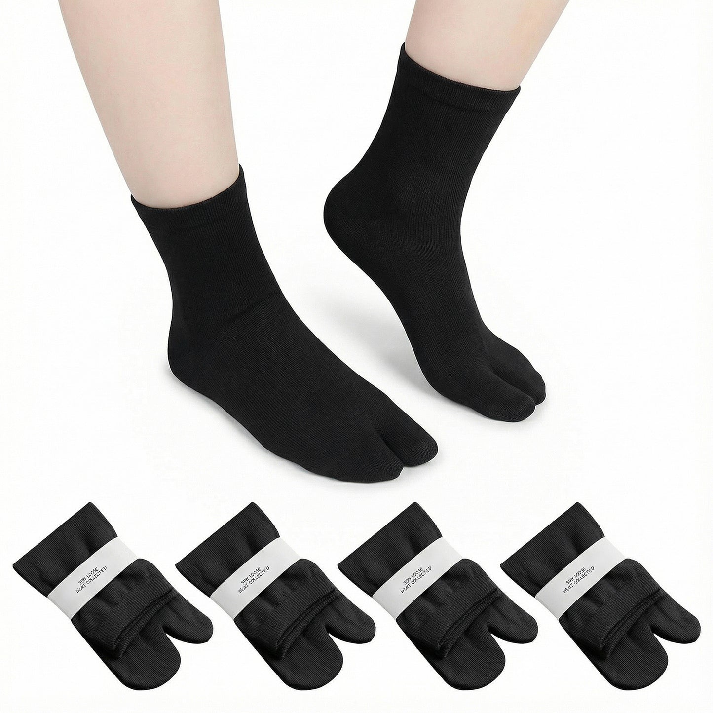 TIESOME 4 Pairs Japan Tabi Socks, Japanese Toes Separated Socks for Flip Flop Geta Soft & Breathable Cotton Socks for Women Men(Black)