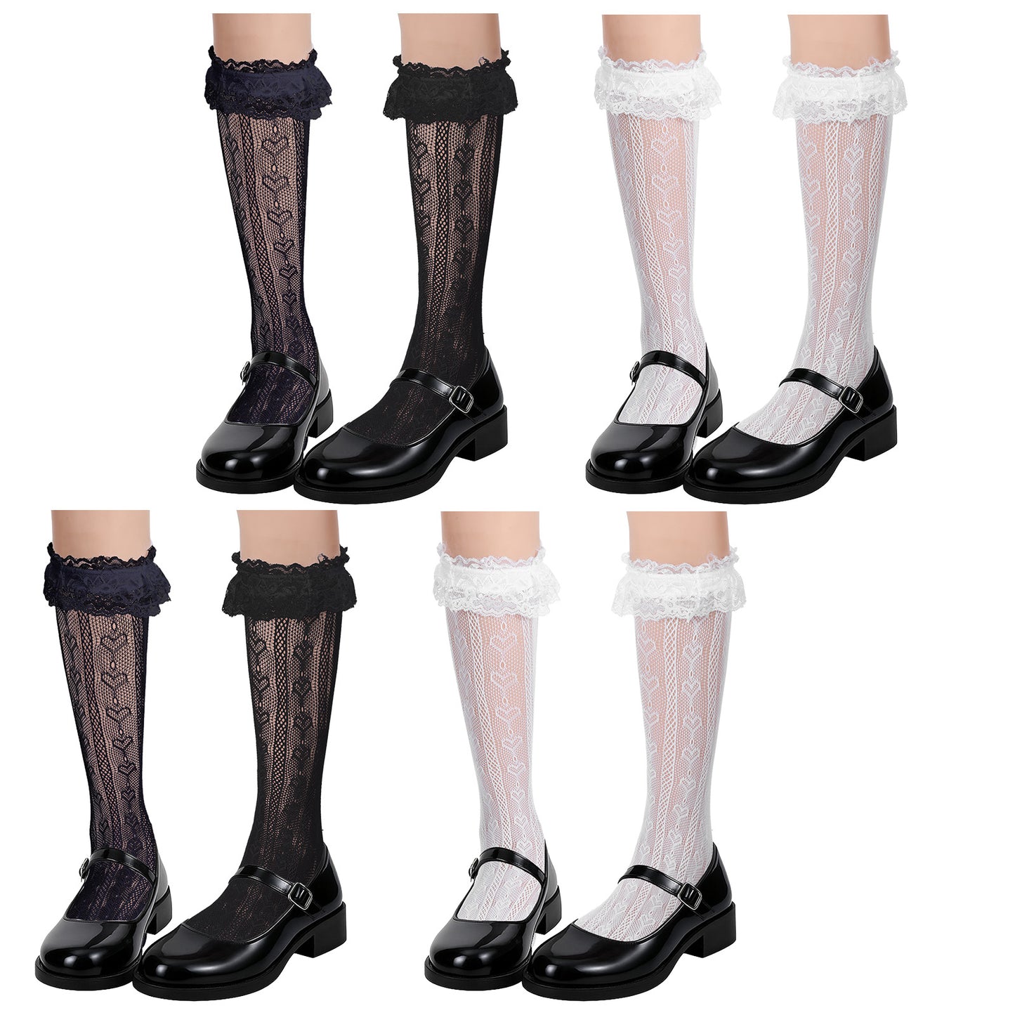 DOPENSPI 4 Pairs Knee High Lace Ruffle Socks, Lace Knee High Anklet Socks Laces Frilly Ruffle Sock Sheer Fishnet Patterned Stockings Lolita Dress Sock for Ladies