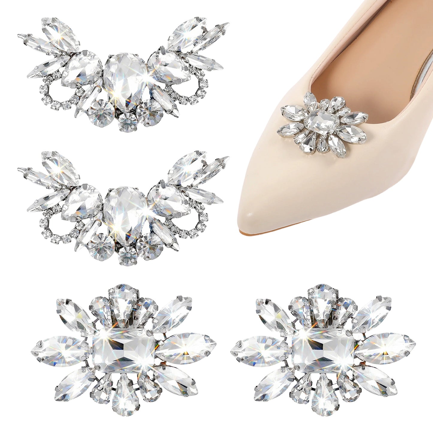 TIESOME 4 Pcs Rhinestone Shoes Clips, Detachable Silver Zinc Alloy Shoe Embellishments For Bridal Wedding Prom Party, Sparkling Crystal Shoe Clips For High Heels & Flats