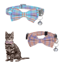 Giantree 2Pcs Cat Collar, Cat Collar with Bells, Cat Bow Tie Kitten Collar with Bell Cat Collars for Girl Cats, Stylish Plaid Patterns with Removable Bowtie Cat Collar for Kitten Puppy, Pets(Style A)