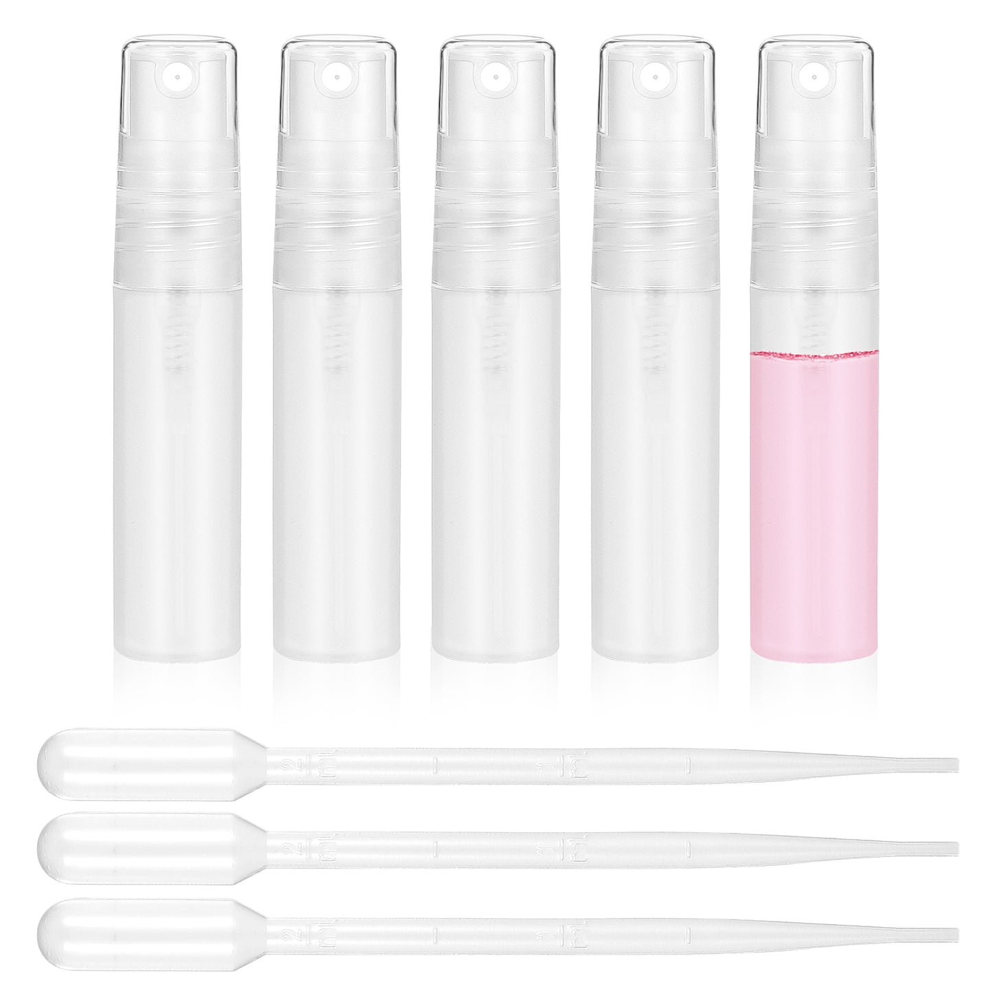 Bewudy 5 Pcs Mini Spray Bottle, 10ml Mini Plastic Spray Bottle Empty with 3 Pcs Transfer Pipettes, Fine Mist Refillable Mini Perfume Bottle, Perfume Atomizer Clear Plastic Portable Travel Bottle(5ML)