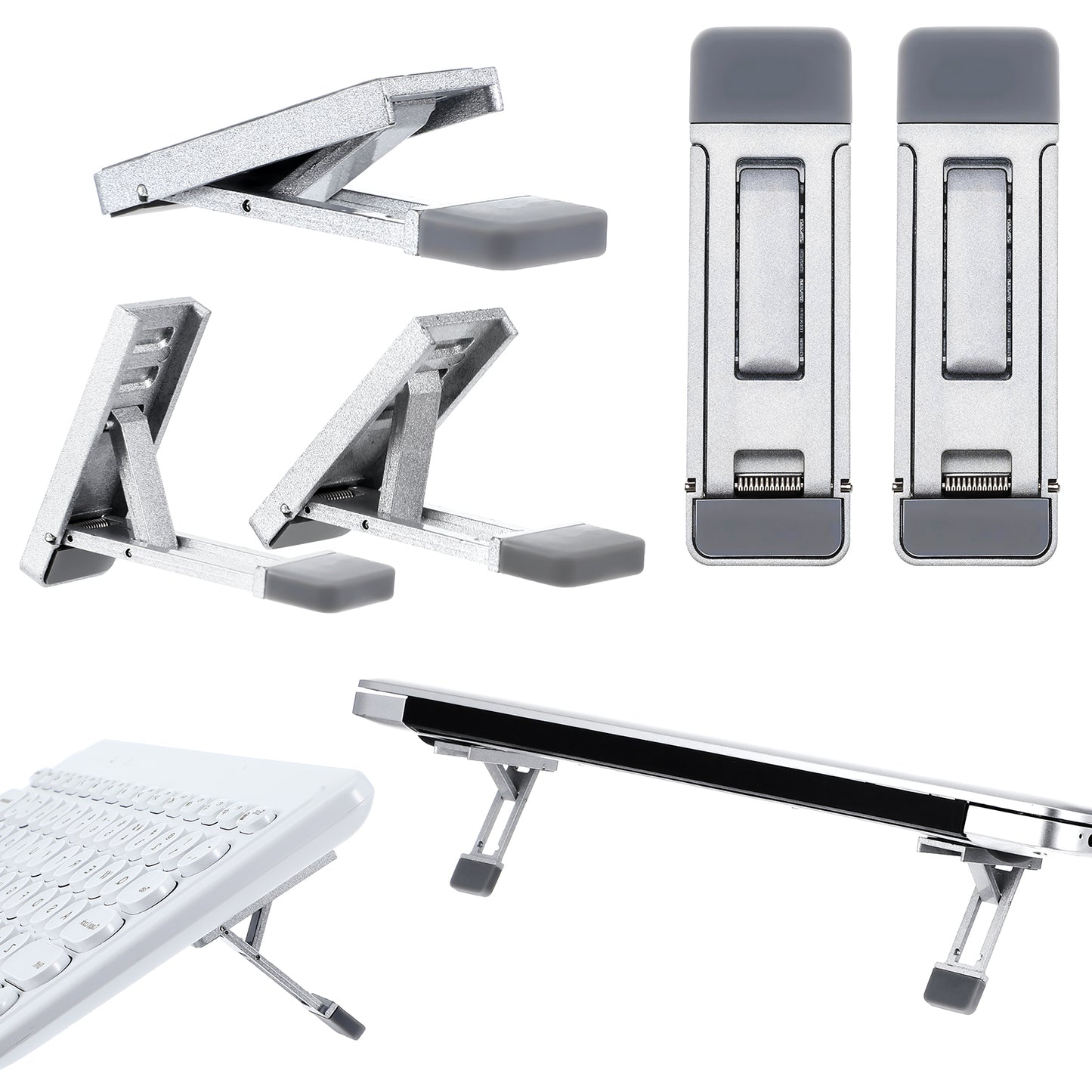 YUXMU 2 Pcs Portable Laptop Stand for Desk, Mini Portable Keyboard Riser Three Tilt Angle Adjustable Foldable Invisible Laptop Riser Feet for Most Keyboards(Silver)