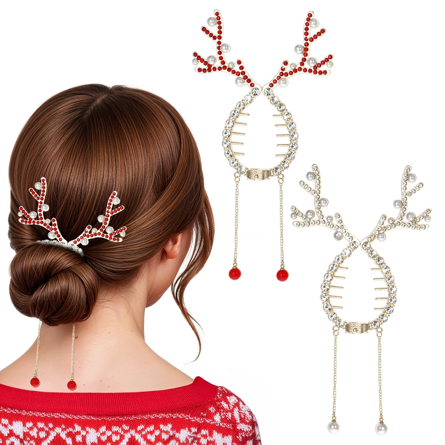 Amabro 2PCS Christmas Reindeer Ponytail Bun Holder, Bling Reindeer Banana Clips Rhinestone Pearl Hair Claw Clips Christmas Hair Accessories for Women Girls