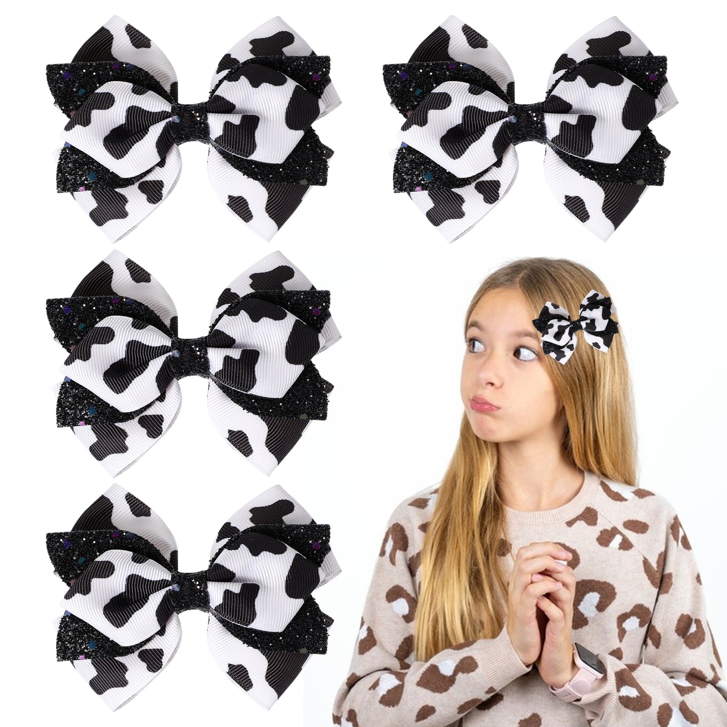Yuanchu 4 Pcs Cow Print Hair Bows, Cute Glitter Hair Clips Cow Hair Barrettes Ribbon Hair Accessories for Girls Women(Black)
