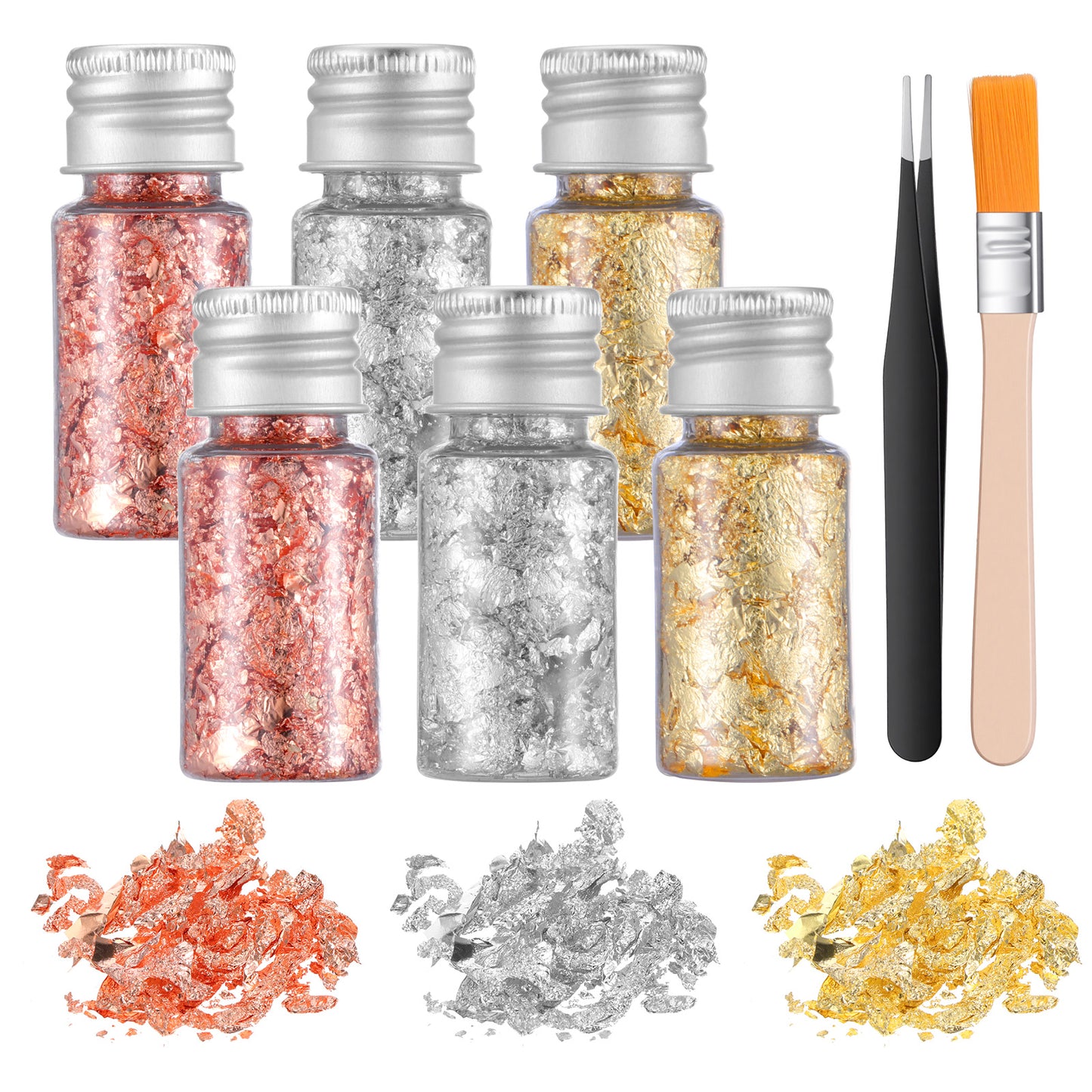 JJUNW 6Pcs Decorative Gold Leaf, Multifunction Gold Flakes Cake Decoration Baking Foil Decor with Plastic Tweezers&Brush for Cooking Dessert Decoration Crafts Makeup(Gold, Rose Gold, Silver)