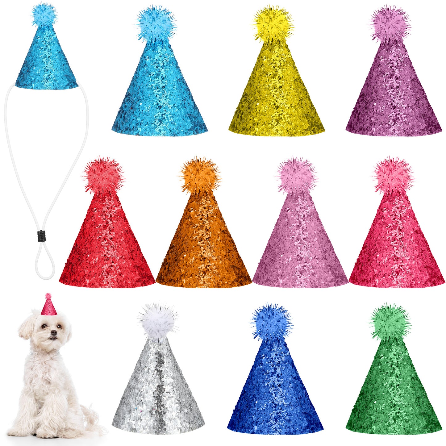 GEEHUA 10 Pack Mini Party Hats, Adjustable Stuffed Birthday Hat Glitter Small Party Hats Dog Birthday Hat for Small Pet Toy Animals Teddy