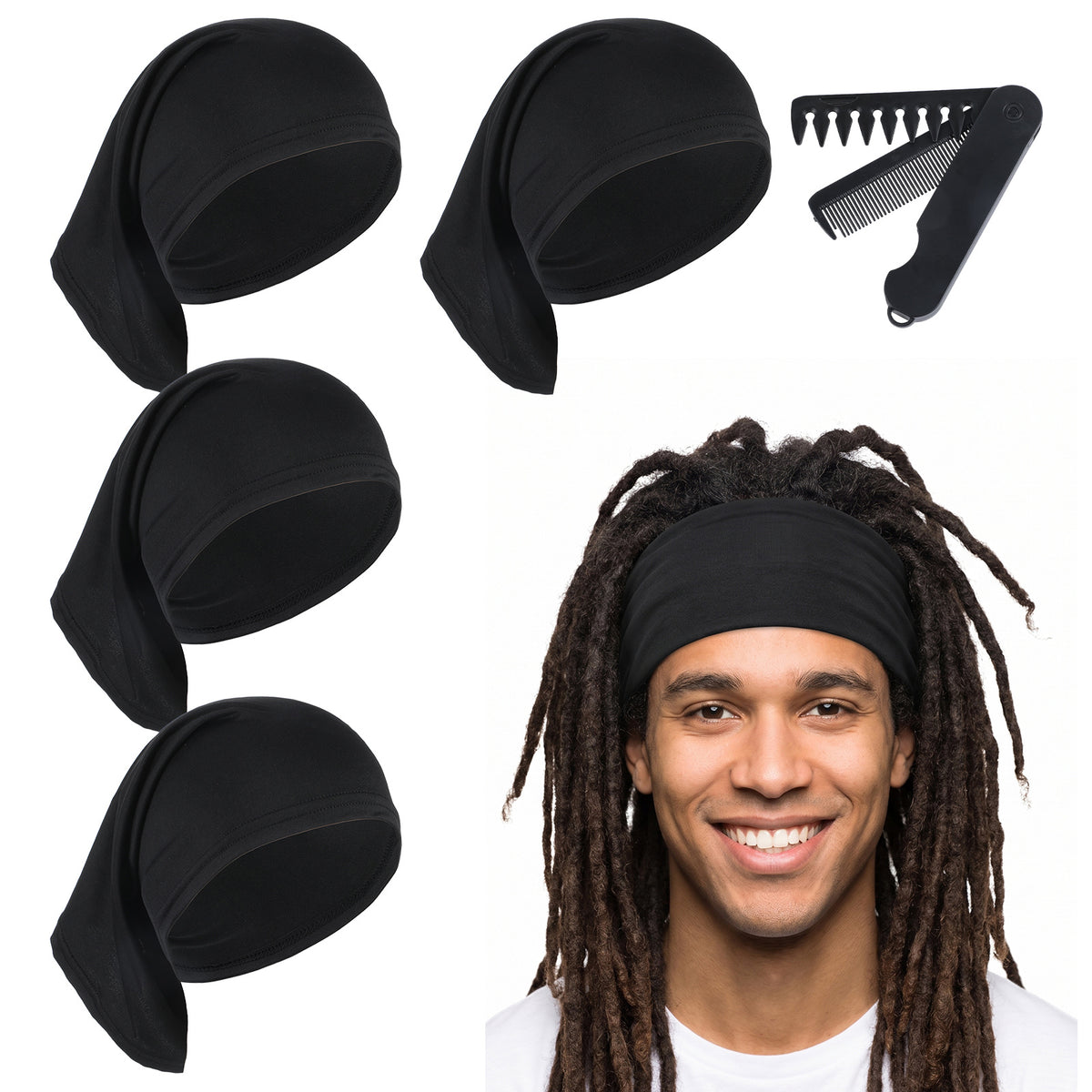 BOHUIZ 4Pcs Dreadlock Cap Elastic Long Hair Wrap Unisex With 2in1 Comb