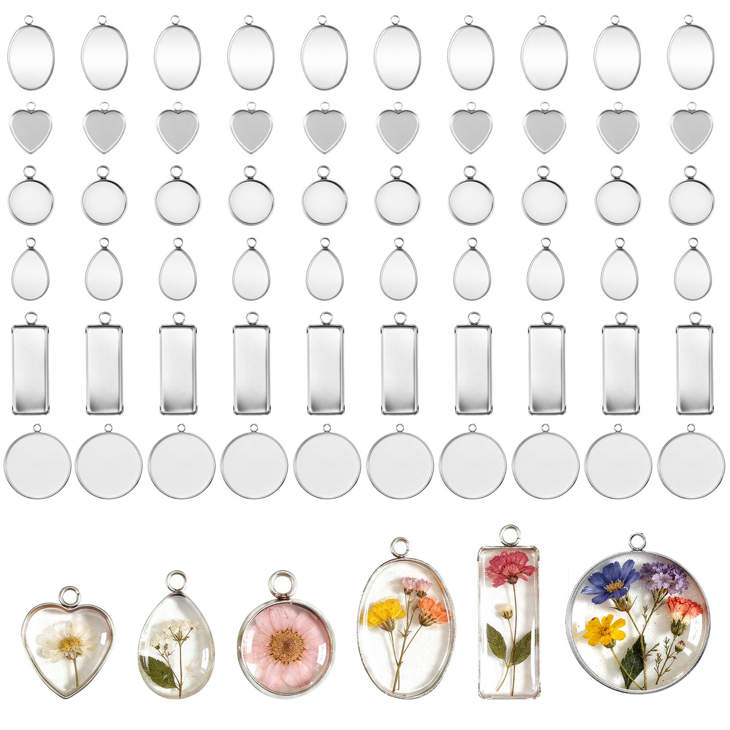 Cobee 60 Pcs Stainless Steel Pendant Trays Kit, 6 Shapes Silver Bezels