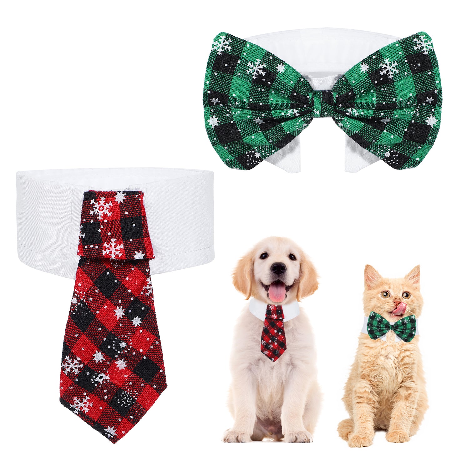 GEEHUA Christmas Pet Tie Set, Winter Snowflake Dog Bow Tie and Red Plaid Necktie Adjustable Dog Cat Collar Pet Grooming Bowtie for Christmas Weddings Valentines Pet Tuxedo Decoration