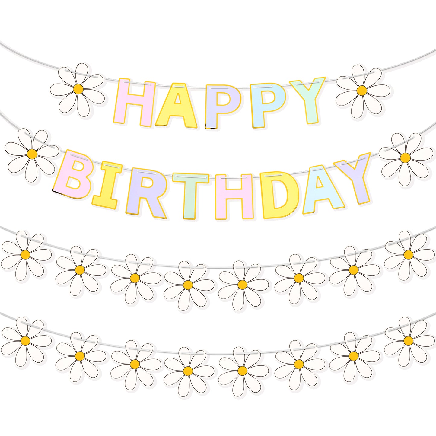 DOPENSPI 3 Pcs Pastel Happy Birthday Banner, Daisy Flower Bunting with Macaron Letters Pastel Birthday Decorations Boho Party Decorations for Women Decoration Supplies