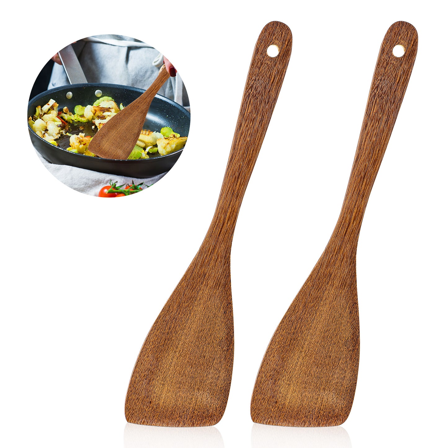 Yuanchu Wooden Spatula Set, 2Pcs Wooden Turners 12.8 Inches Long Handle Frying Spatula for Cooking Small Cooking Utensils Wood Flipper for Non-Stick Cookware