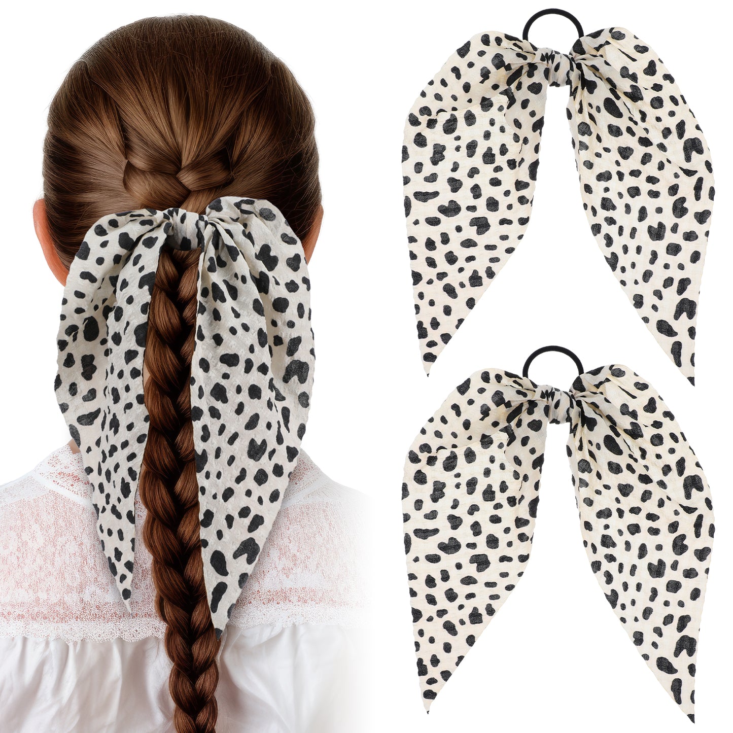 AOZUO 2pcs Spotted Pattern Hair Band, Elastic Cow Print and Leopard Bowknot Hair Tie Ropes Ponytail Holder Hair Scarf Scrunchies Rabbit Bunny Ear Scrunchy Hair Ribbon Aesthetic Hair Accessories(B)