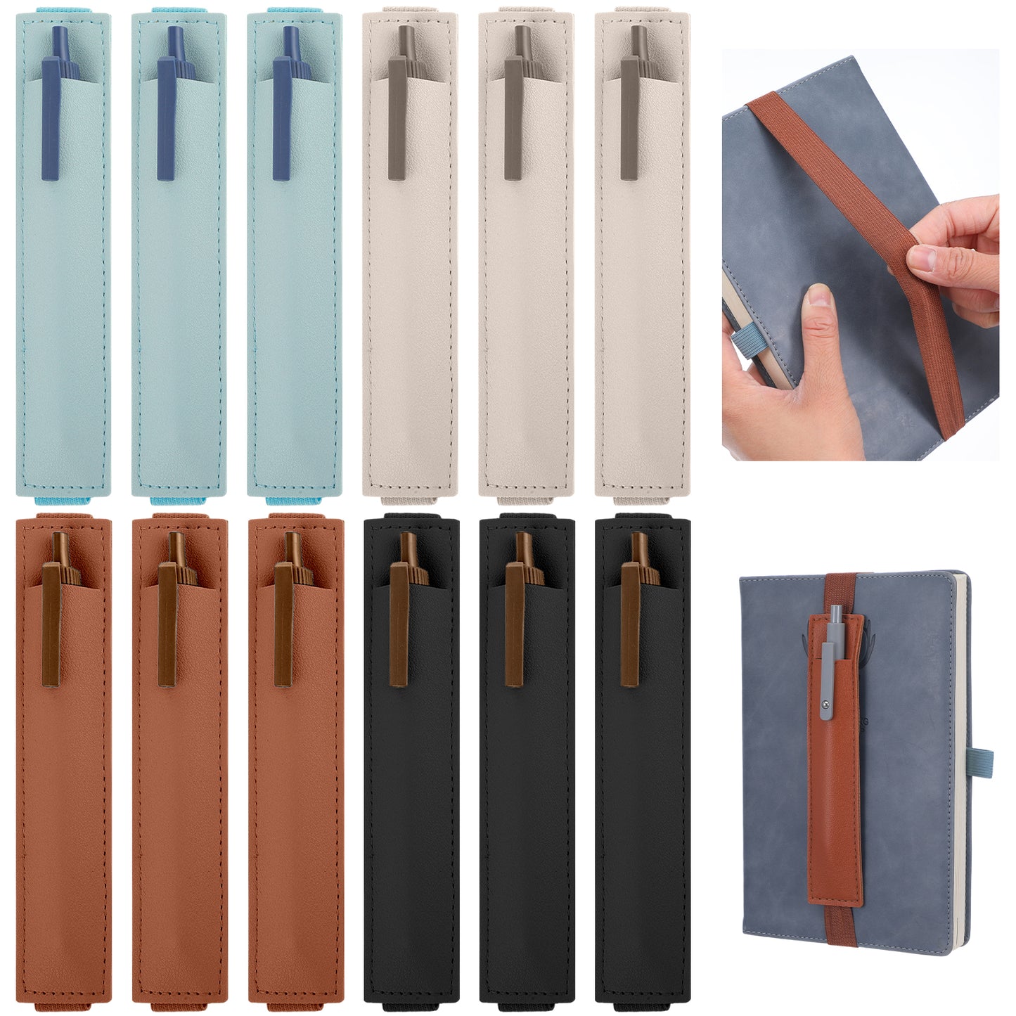 TIESOME 12 PCS Elastic Pen Holder for Notebook, Adjustable Band Pen Holder PU Leather Pencil Holder Loop Pencil Holder Case for Notebook Planners Binders Books(6 Colors)