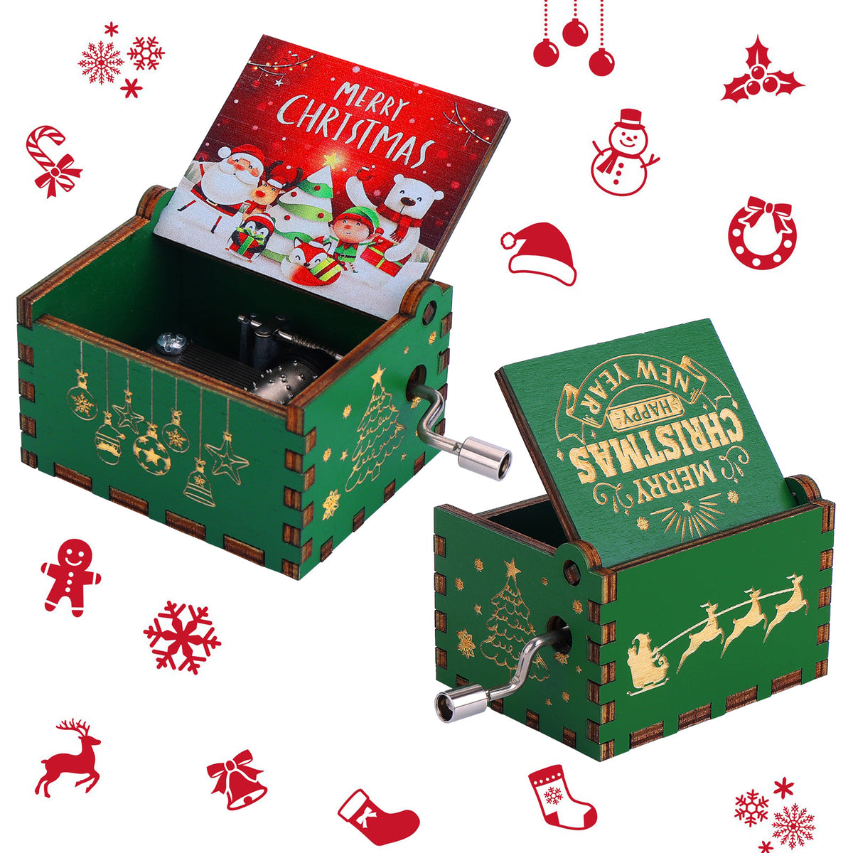 Amaxiu Wooden Hand Crank Music Box, Merry Christmas Music Gift (Green)