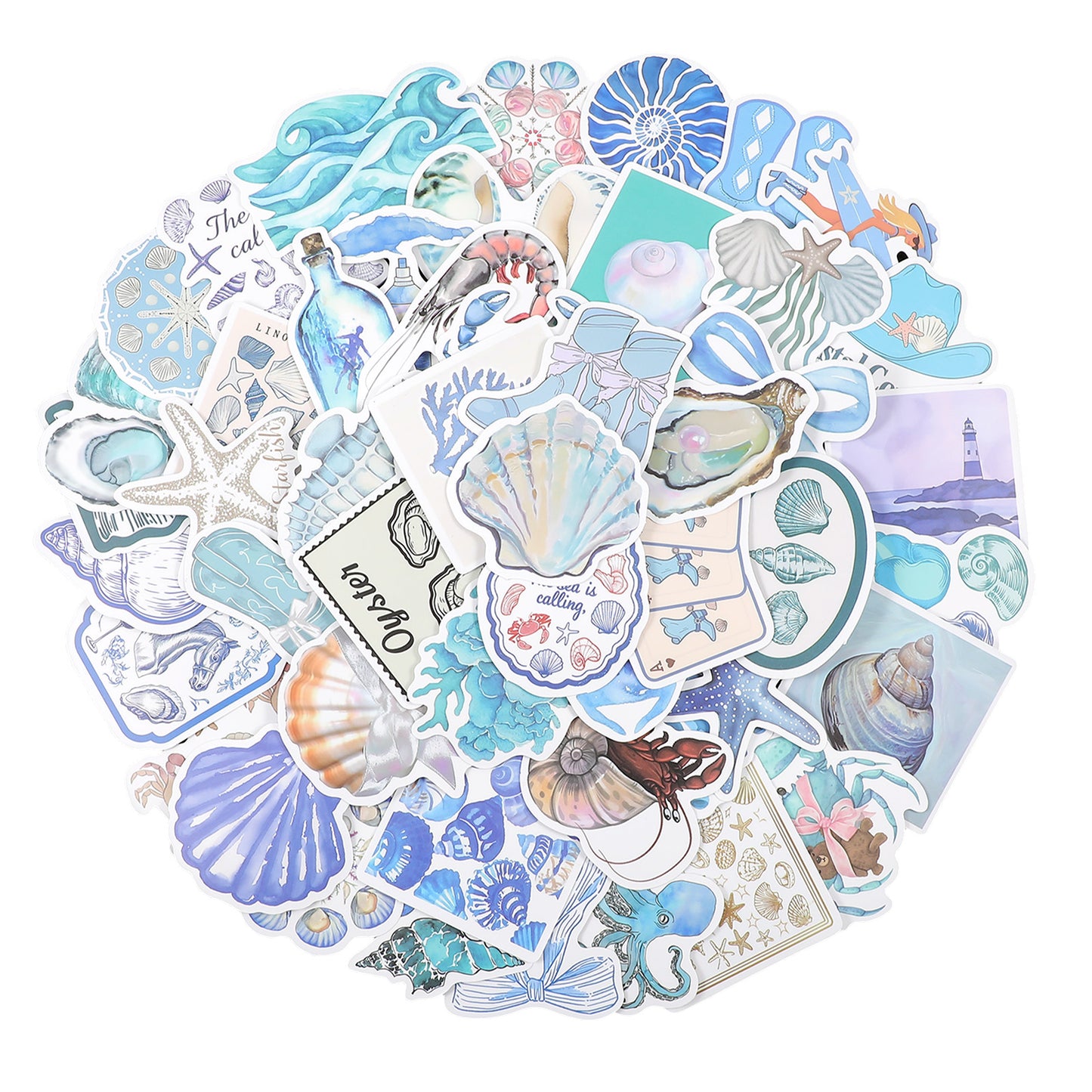 TIESOME 50 PCS Aesthetic Blue Ocean Stickers Pack, Cute Ocean Beach Stickers Waterproof Vinyl Beachy Decals Graffiti Anime Sea Sticker for Water Bottle Scrapbook Journal Laptop