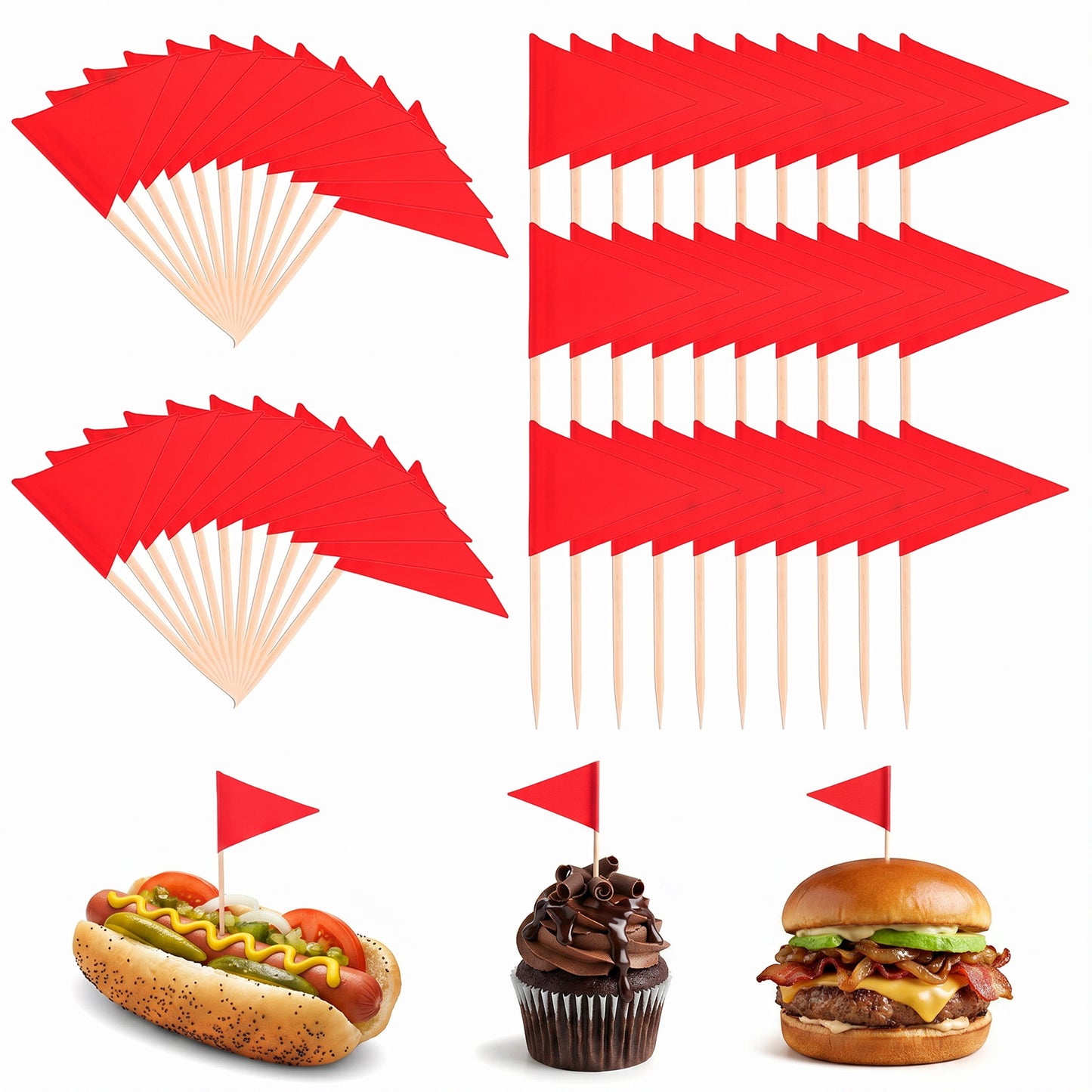 XLIUAX 100 Pcs Mini Red Flags on Bamboo Sticks, Solid Red Triangle Toothpick Flags with Writable Surface for DIY Decorations & Custom Labeling (Red)