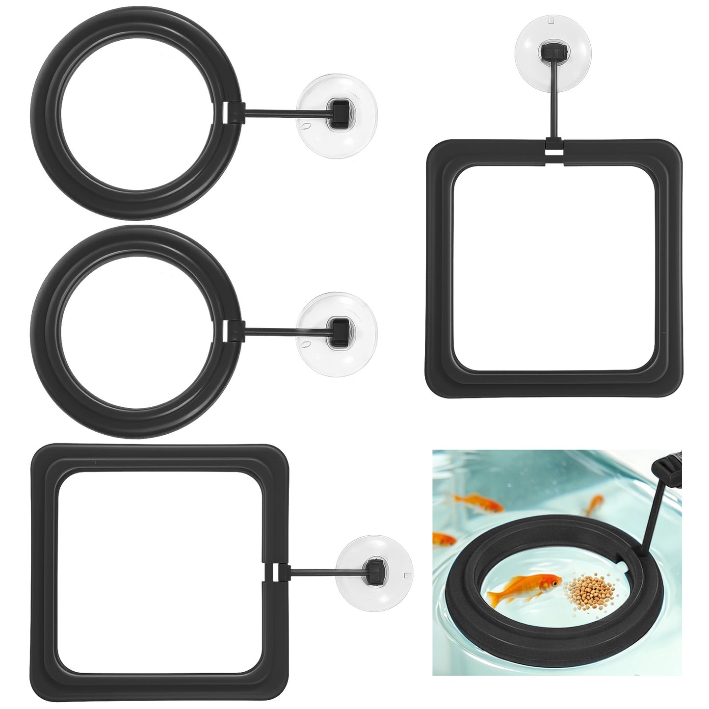 SULIKJHUI 4 Pcs Fish Feeding Ring, Round & Square Floating Aquarium Feeding Ring with Suction Cup, Easy to Use for Betta, Goldfish, Guppy, Turtle & Small Fish (Black)