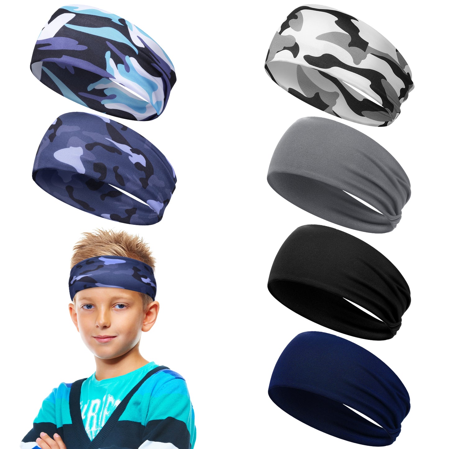 Yuanchu 6Pcs Kids Boys Sports Headbands, Breathable Boys Athletic Sweatbands Non-slip Elastic Headband Moisture Multi-Color Wicking Sweat Band for Basketball Baseball Football(B)