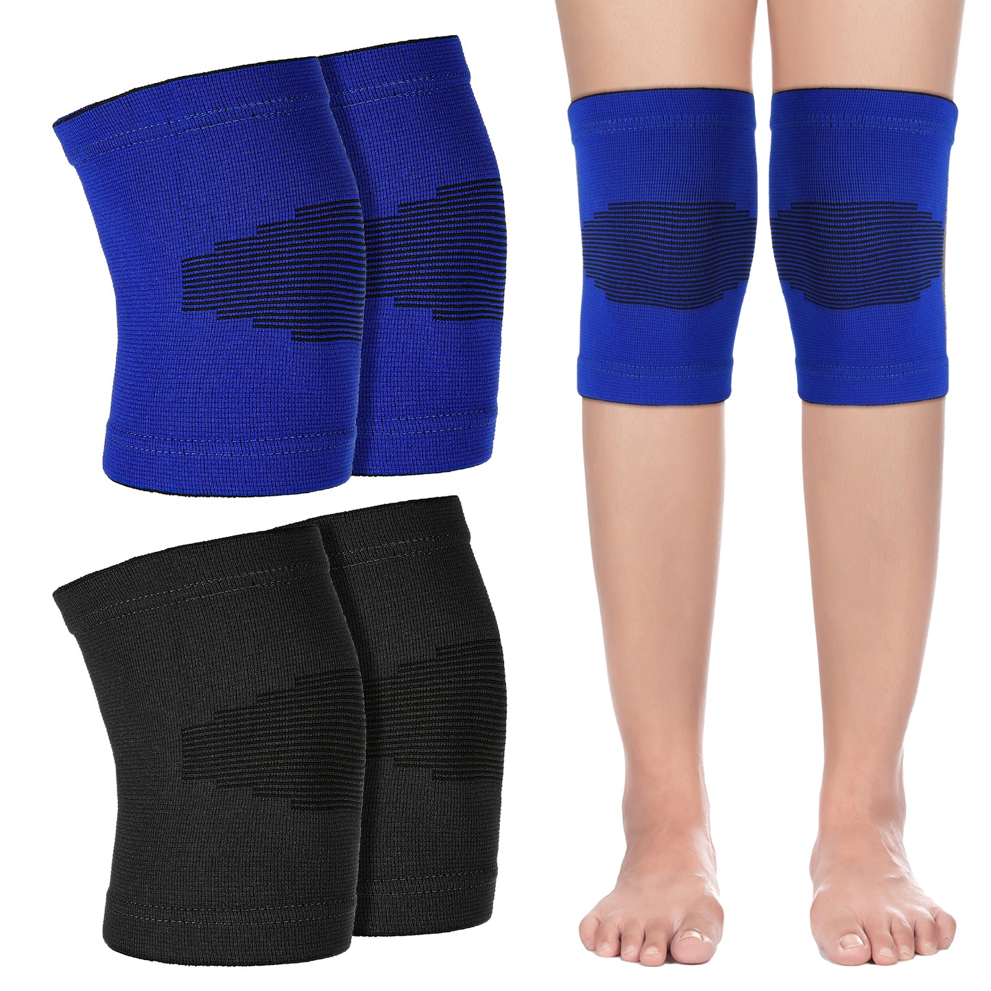 HJZHII 2 Pairs Kids Knee Sleeve, Knee Brace, Youth Knee Compression Sleeve Child Knee Pads Children Knee Support Boys & Girls for Volleyball Basketball Gymnastics Sports (Blue,Black, L)
