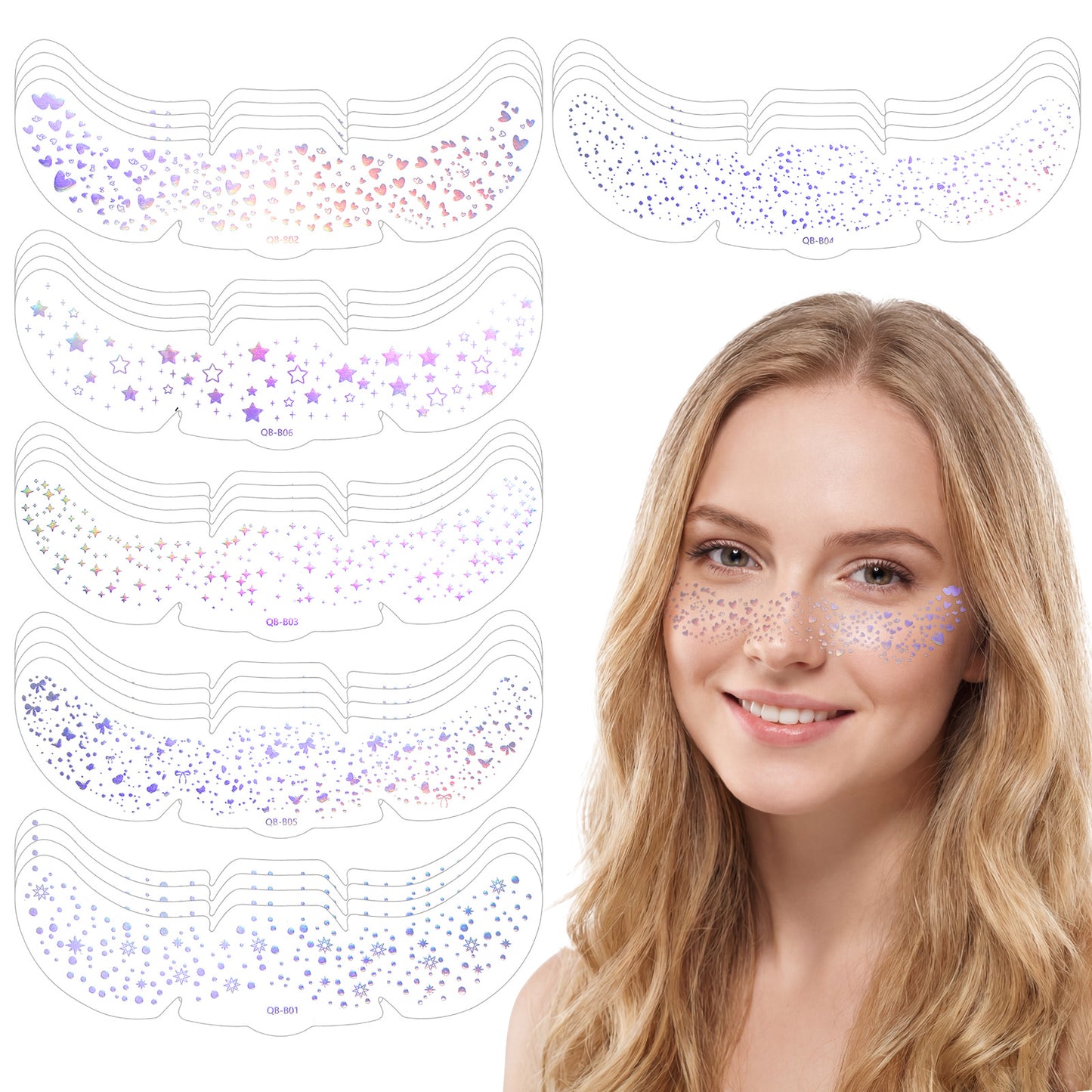 SULIKJHUI 24 Pcs Glitter Freckles Face Tattoo, Sparkle Face Tattoos for Women, Holographic Self-Adhesive Makeup Patches for Festival, Party & Cosplay