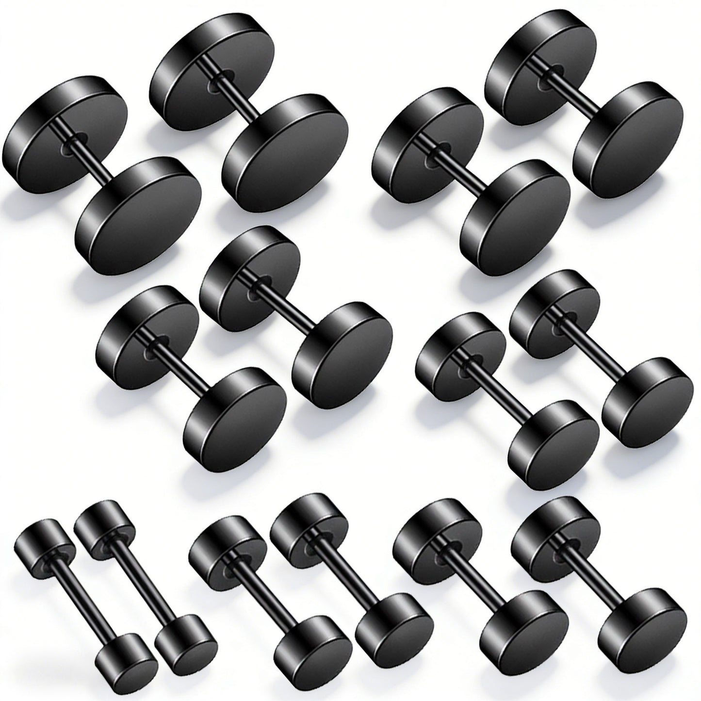 HJZHII 7 Pairs Fake Gauge Earrings, 14 Pcs Black Stainless Steel Round Fake Screw Studs Tapers Plugs for Men Women Ear Tunnel, 4-10 mm(7 Sizes)